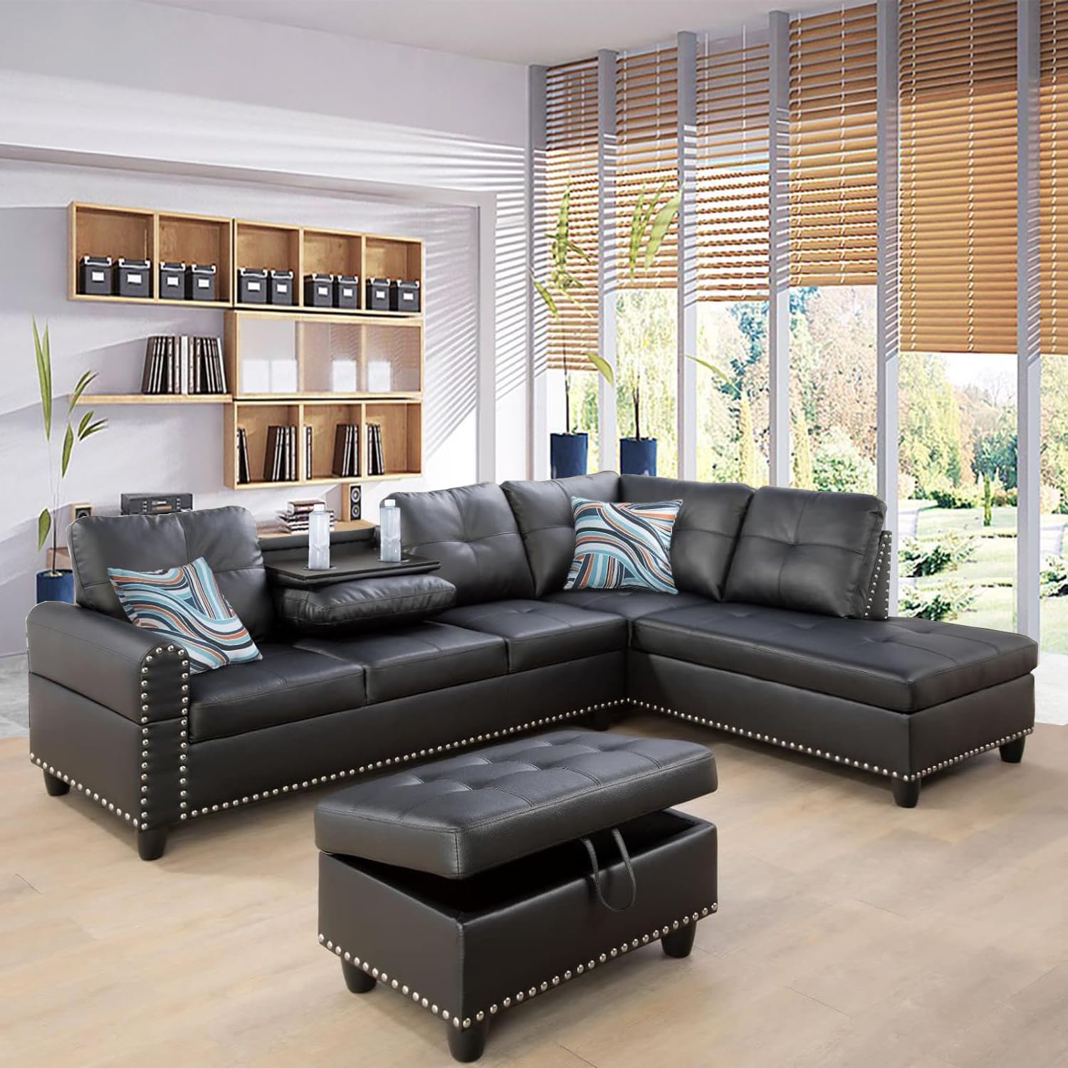 EvedyFaux Leather Sofas & Couches,Modern L-Shaped Modular Couch Upholstered 6 Seaters Sectional Sofa Couch W/Storage Ottoman, Living Room Furniture Set for Small Apartment-Brown