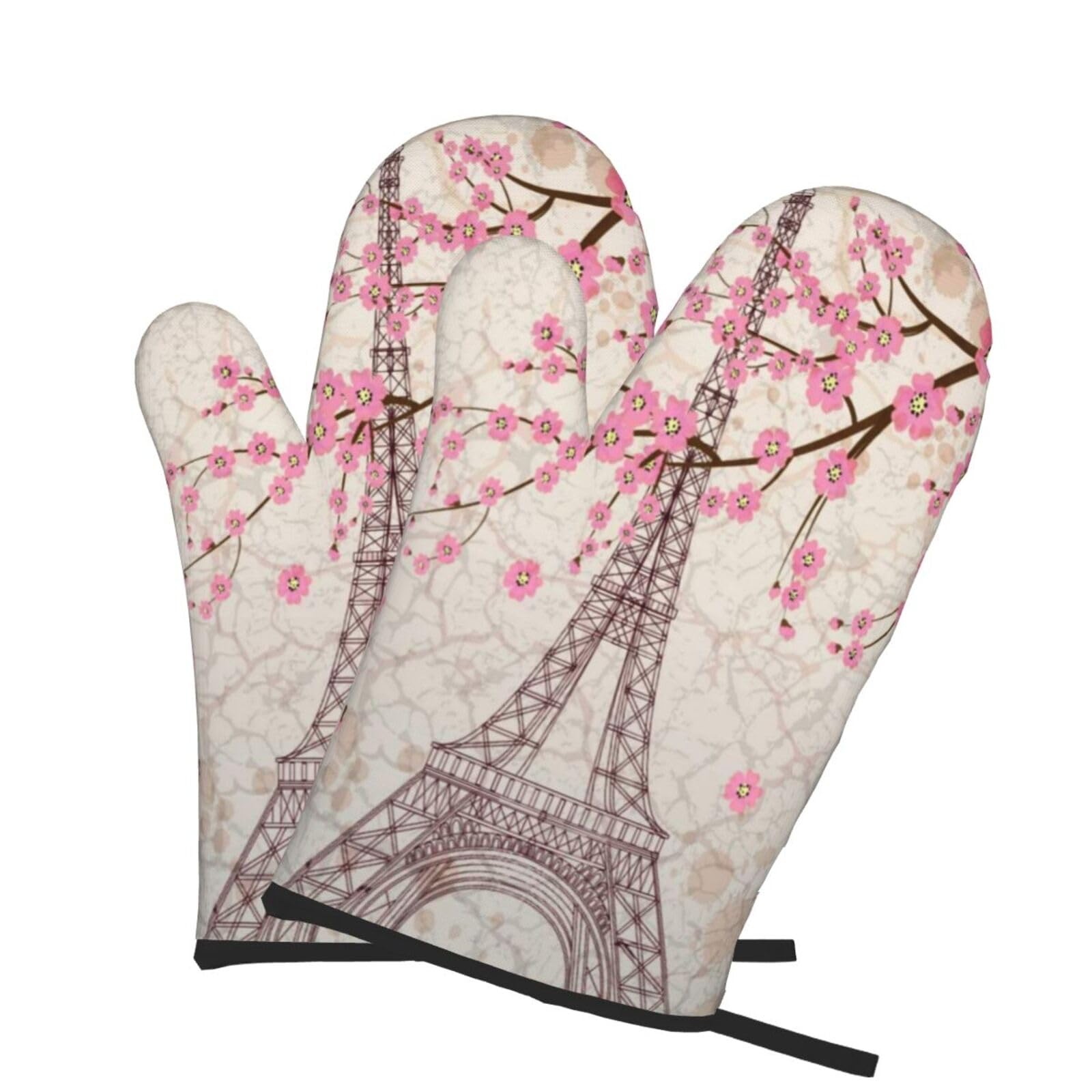 Oven Mitts Set of 2 Pcs, Eiffel Tower Prints Heat Resistant Kitchen Gloves for Cooking Baking Grilling
