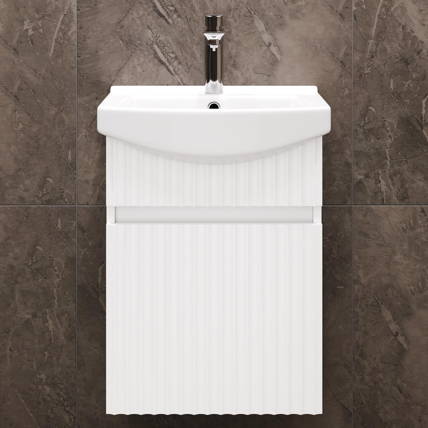 Planetmöbel Meuble sous lavabo Suspendu 45 cm avec Vasque en céramique, Blanc Mat, pour Petites salles de Bains et WC invités