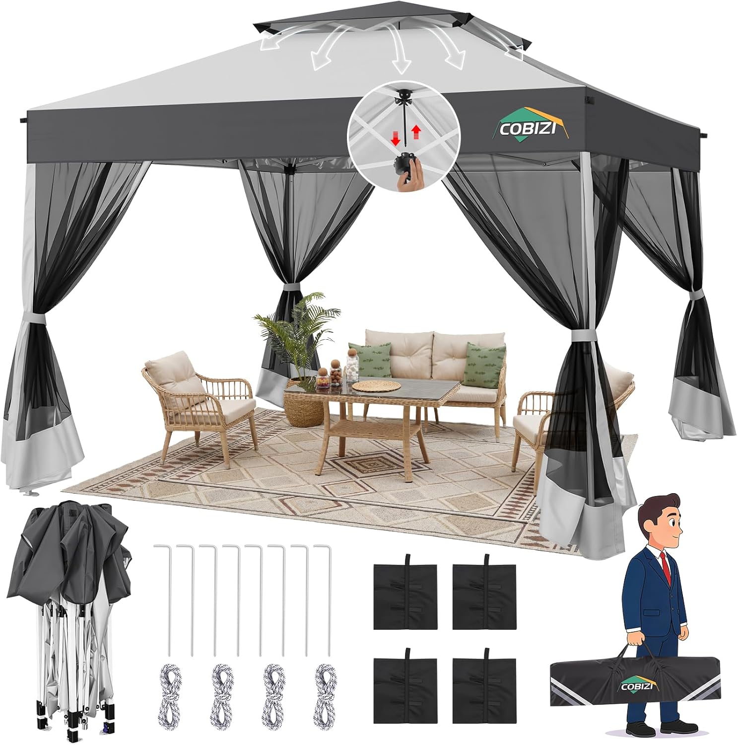 COBIZI 10x10 Pop Up Canopy with Mosquito Netting Sidewalls, One Push Easy Up Gazebo with Dual Vent Roof, Waterproof&UV 50+ Screen Tents for Parties, Backyard, Patio, Commercial Event, Dark Gray