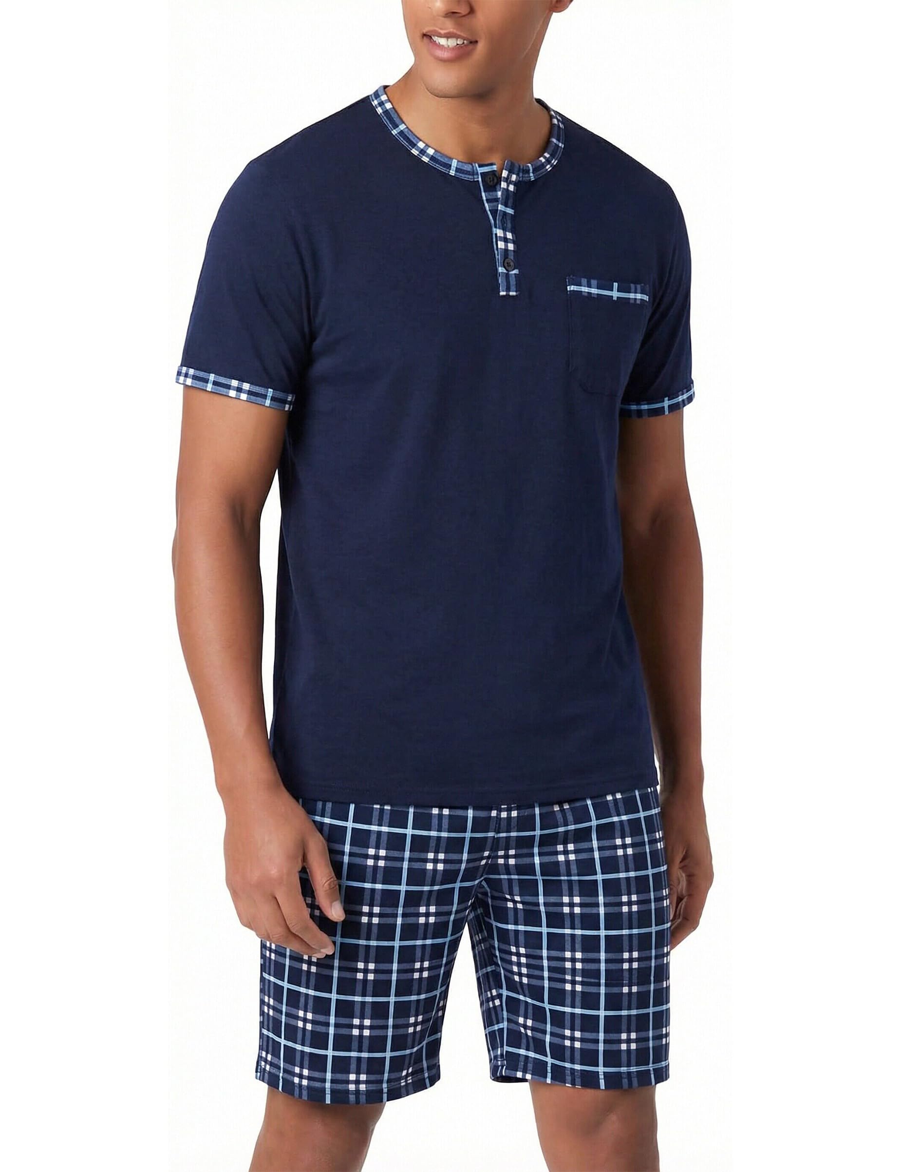 Litherday Schlafanzug Herren Kurz Baumwolle Pyjama Set Zweiteiliger Kurzarm Nachtwäsche Sommer Sleepwear