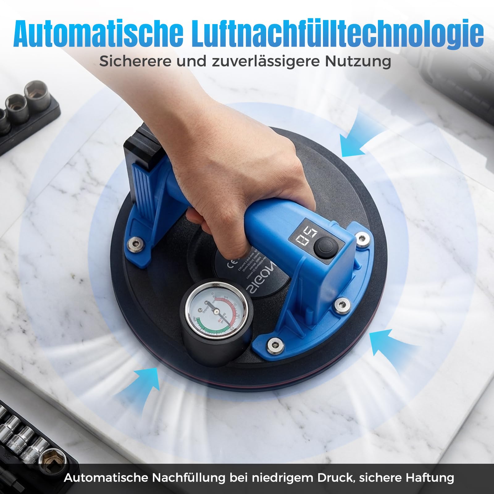 8" Akku Saugheber für Fliesen 130kg, Elektrischer Vakuumheber mit Metall-Manometer & LCD-Display, 2x Digital-Akkus (USB-Ladung), Saugheber für Glas und Glatte Oberflächen