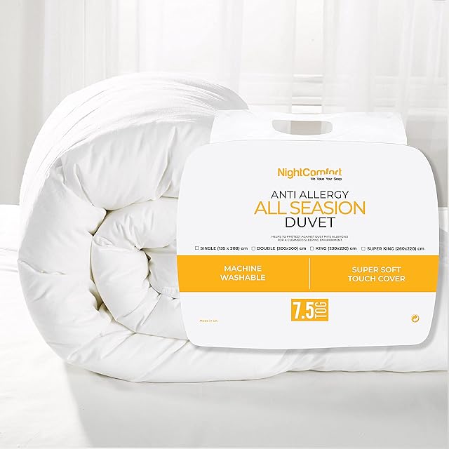 Night Comfort Soft & Snug Anti Allergy 7.5 Tog Duvet Super King Size - All Season Ultra Snuggle Microfibre Deep Sleep Quilt with Soft Hollowfibre Filling,White