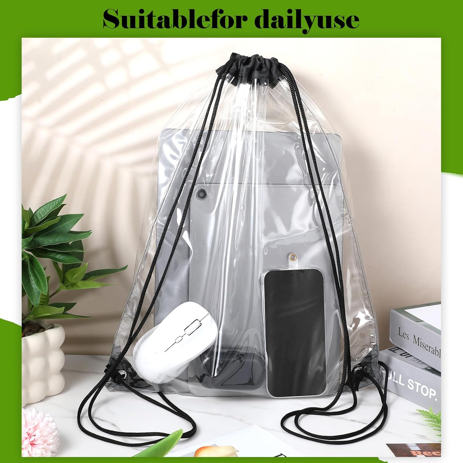15 Pieces Clear Drawstring Backpack, Plastic Waterproof Transparent Stadium Bags String Bag for Gym Travel - Image 7