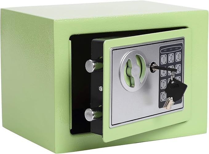Yuanshikj Small Steel Security Safe Box with Keypad,Key;0.23 Cu Ft, Green | Electronic Digital Secure,9.1" W x 6.7" D x 6.7" H,Hidden for Home Dorm Apartment Hotel Office Cash Jewelry Storage