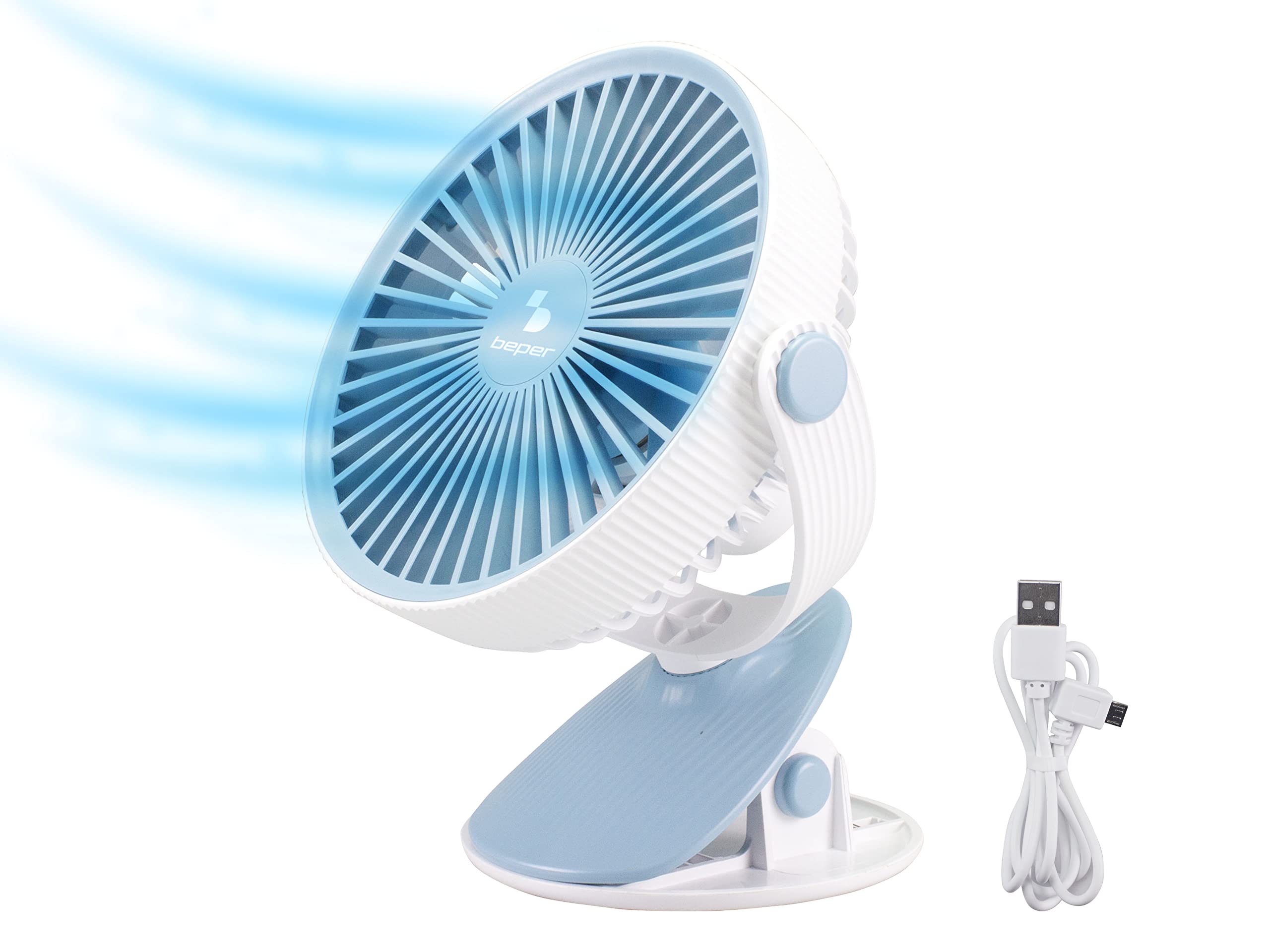 Beper P206VEN420 – Mini Ventilatore con Clip, Portatile, USB e Ricaricabile, 3 Velocità, Inclinabile, Luce LED, Salvaspazio, Silenzioso, Mini Clip Fan