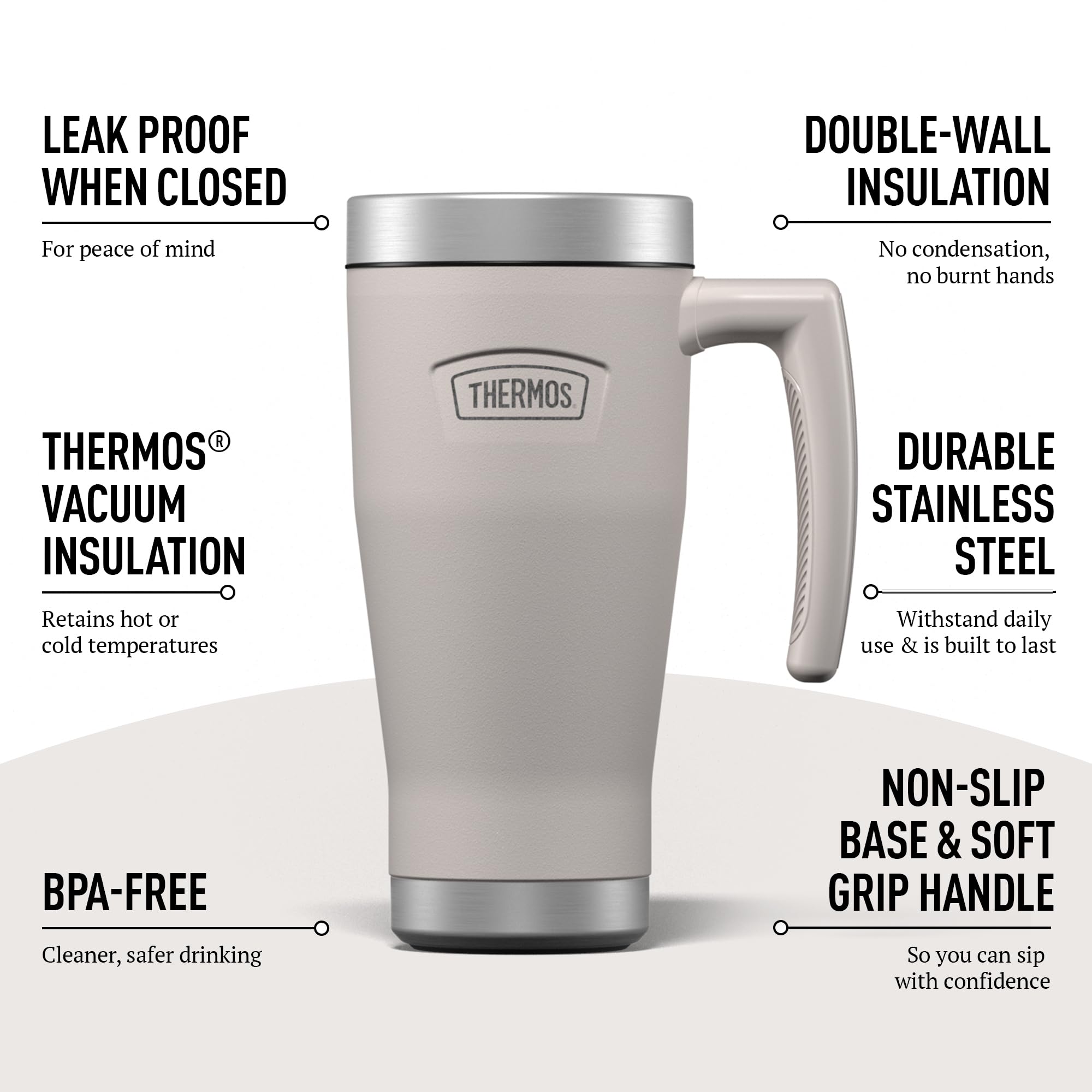 Thermos - Icon Sandstone Tasse de voyage (470 ml), tasse à café isotherme réutilisable en acier inoxydable pour boissons chaudes ou froides, bouteille d'eau scellée sous vide avec un couvercle