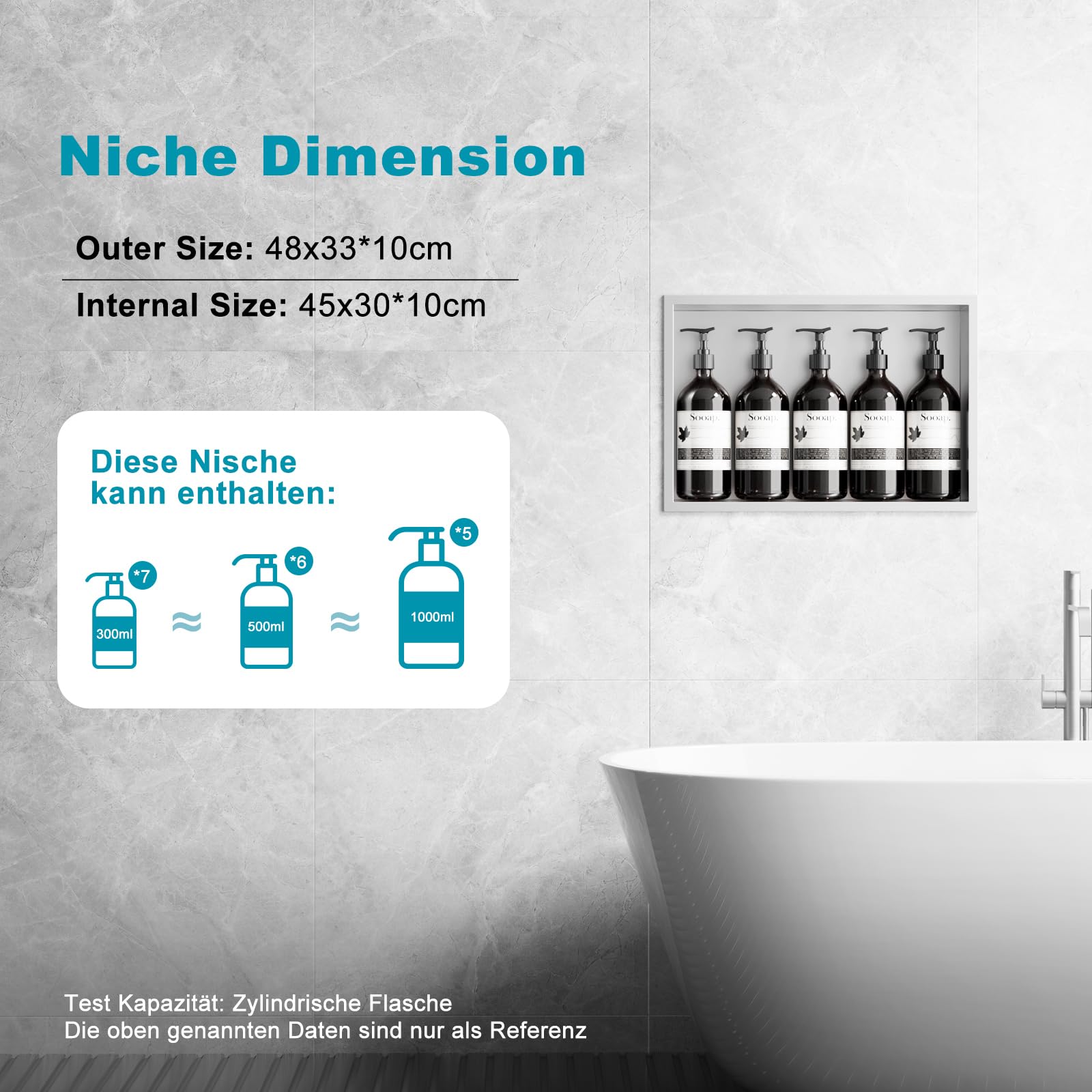 Nicho de pared para ducha de acero inoxidable, 45 x 30 x 10 cm, estante individual de almacenamiento, no necesita azulejos, para baño, nano plata