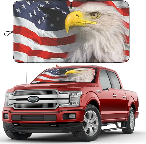 TOPASHDE Truck American Flag Windshield Sun Shade Double-Layer 240T Material car Sun Visor with Storage Bag- Folding Car Front Window Sunshade for Automotive Interior Sun Protection Heat Reduction