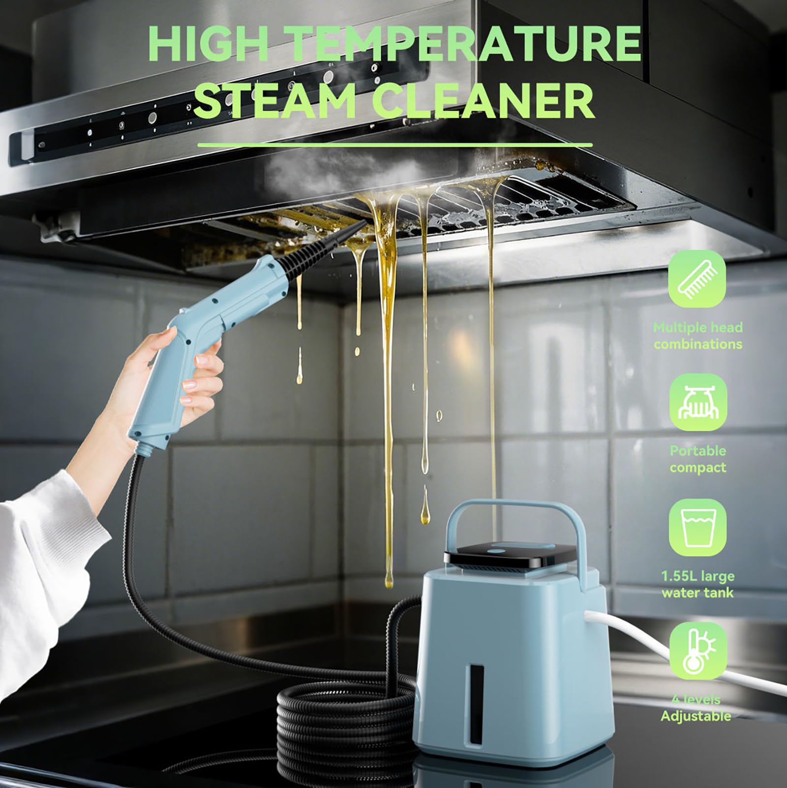 Nettoyeur vapeur portatif 1500 W 4 bars avec réservoir de 1,55 l, affichage numérique à 4 vitesses, nettoyeur vapeur haute température fenêtres, cuisinières et plus encore (turquoise)