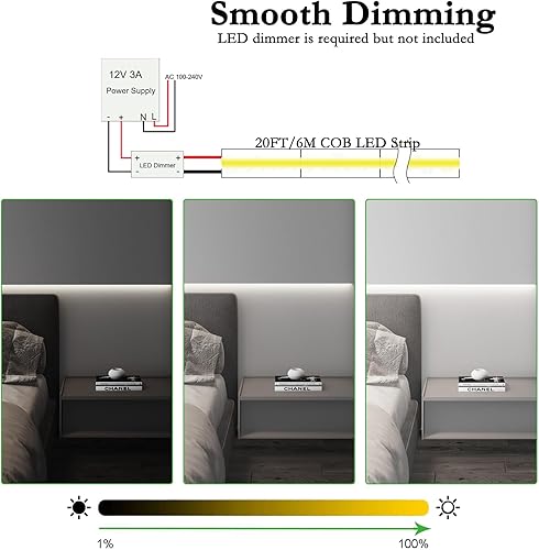 Miniatura 5 de JOYLIT Tira de luz LED COB de 12 V para interiores, 20 pies19.7 ft, 6000 K, blanco frío, CRI 93+ 320 LEDsM, cinta LED regulable uniforme uniforme