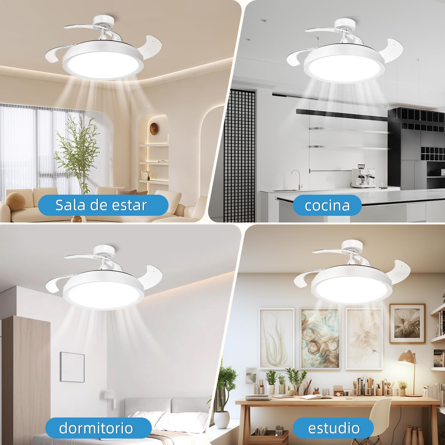 Aigostar Ventilador de Techo LED de 50W 5300LM, Aspas Retráctiles, CCT 2700K-6500K y Brillo Ajustable, con Control Remoto y Función Verano e Invierno(Blanco)
