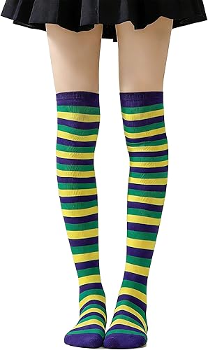 Bawnhaw Long Striped Thigh High Socks Yellow Green Puple Over Knee Socks for Wom