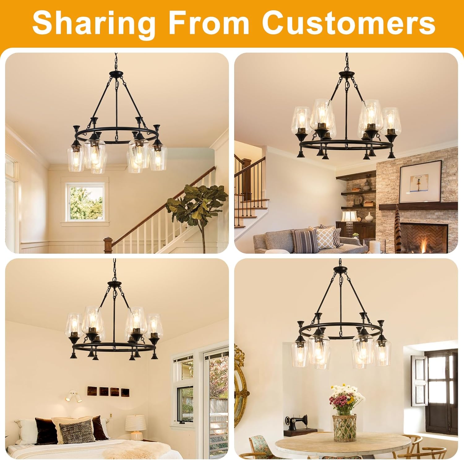 25" Farmhouse Chandelier, 6-Light Modern Black Dining Room Light Fixture Over Table with Clear Wine Glass Glass Shade, Industrial Hanging Pendant Lights Fixture for Kitchen Island Living Room Foyer