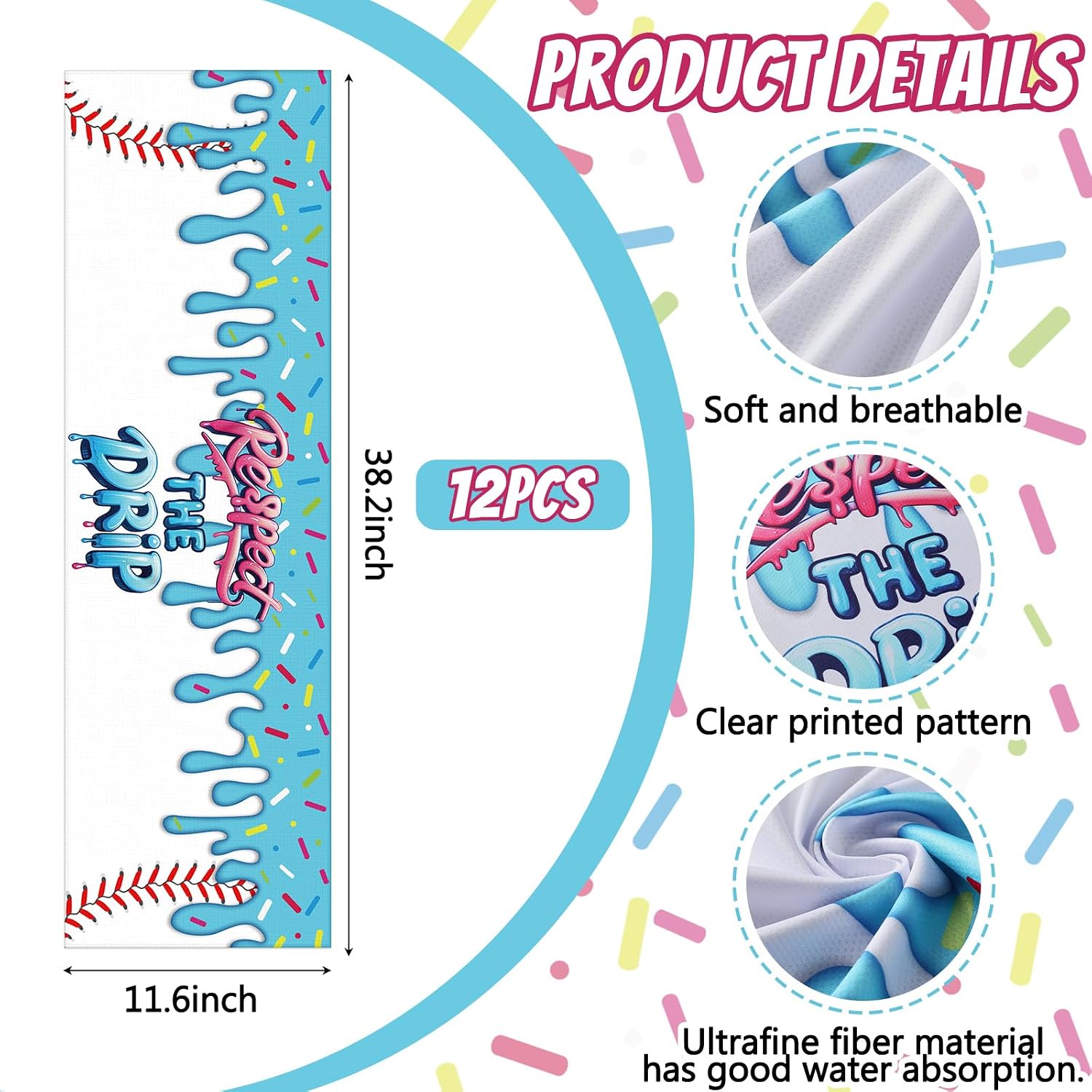 Tegeme 12 Counts Baseball Ice Cream Cooling Towels 40"x12" Sports Breathable Chilly Ice Fast Drying Towel Cool Training Sweat Rag for Coach Sport Party Favors Team Gift