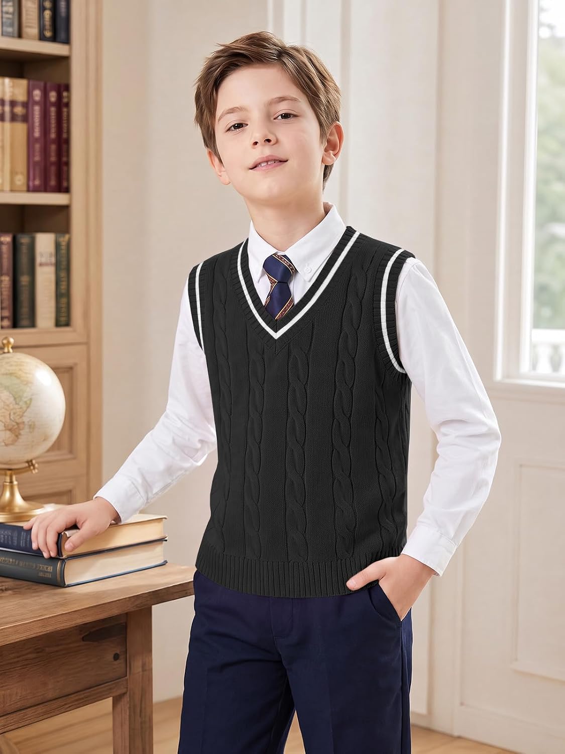 Haloumoning Boys Sweater Vest Cable Knit V Neck School Uniform Rib Tops