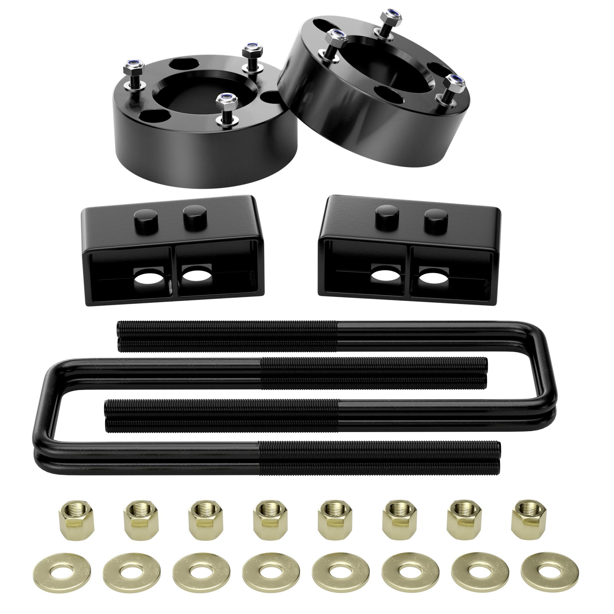 Richeer 3"F + 3"R Leveling Lift Kit for 2004-2020 F150, 3" Front Strut Spacers and 3" Rear Black Leveling Lift Block Kit Extended Square U-Bolts, 3"+3" Height for 2004-2020 F150 2WD 4WD