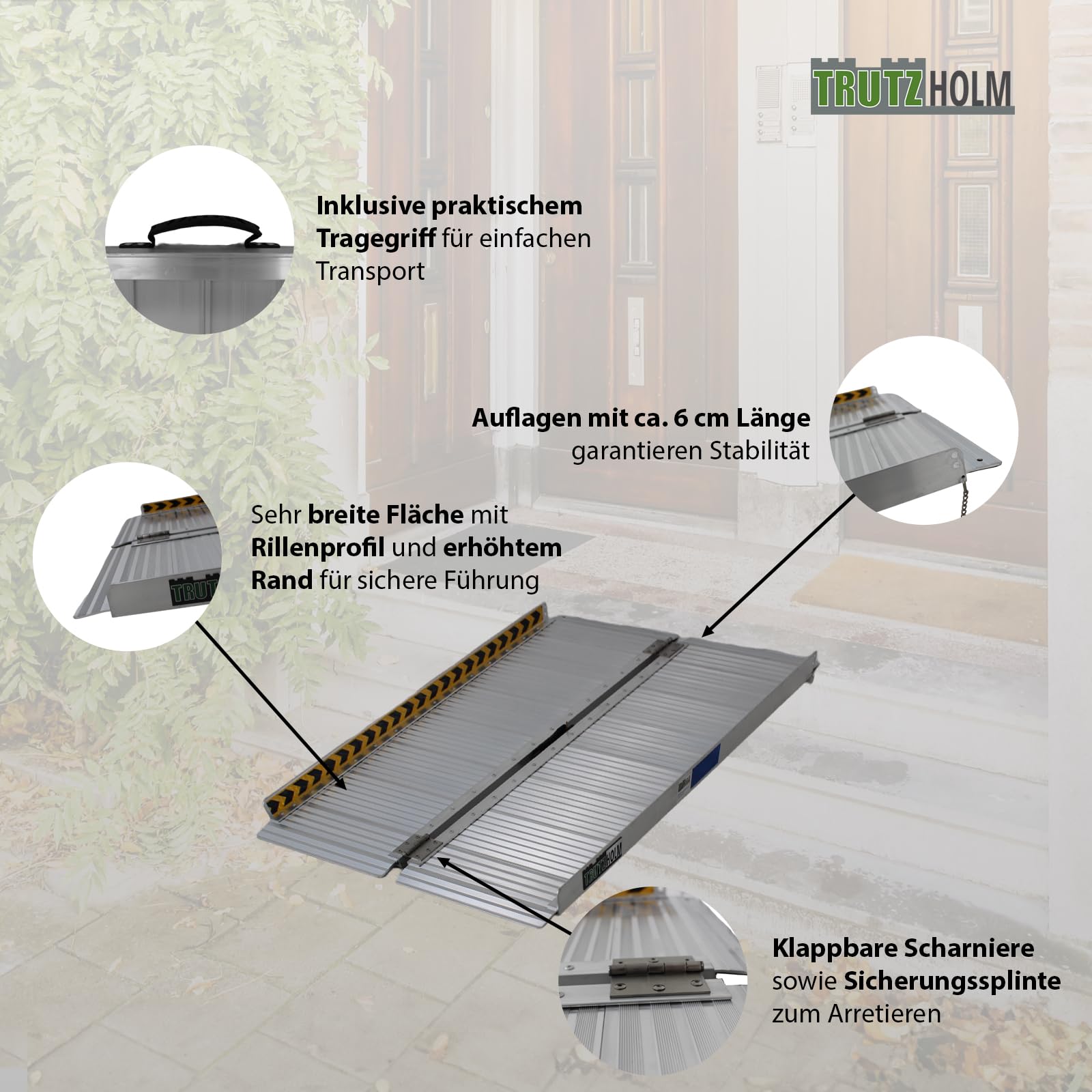 TRUTZHOLM Rollstuhlrampe klappbar 122 cm Traglast 272 kg rutschfeste Aluminium Rampe mit Rillenprofil Mobile Auffahrrampe Kofferrampe mit Tragegriff Schwellenrampe für Rollstuhl Rollator Scooter