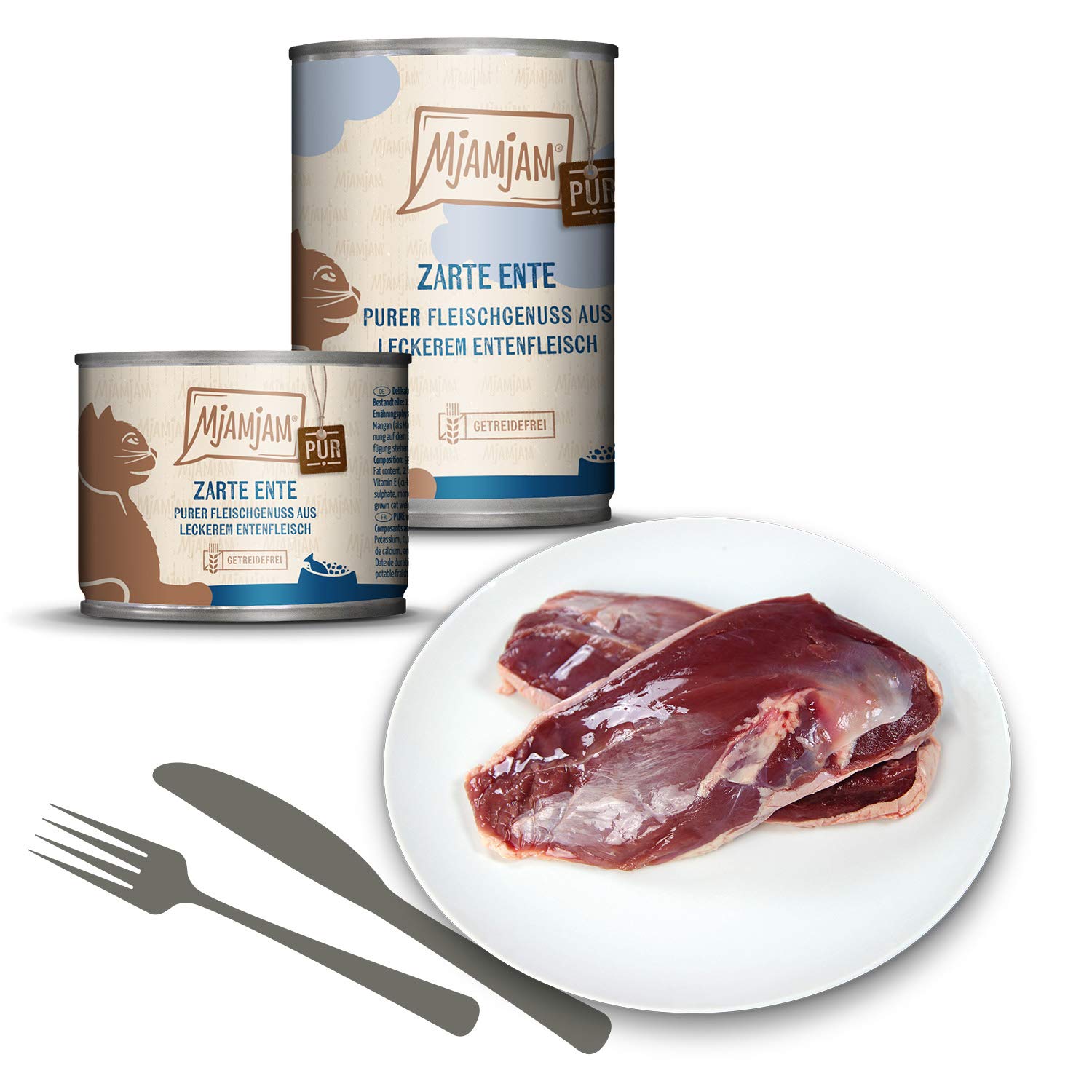 MjAMjAM - Pienso acuoso para Gatos - Suave Pato Puro - Sin Cereales - 6 x 800 g & Pienso acuoso para Gatos - Mix Pack I 2* Pollo, 2* Ternera, 2* Corazones - Sin Cereales 6 x 800 g