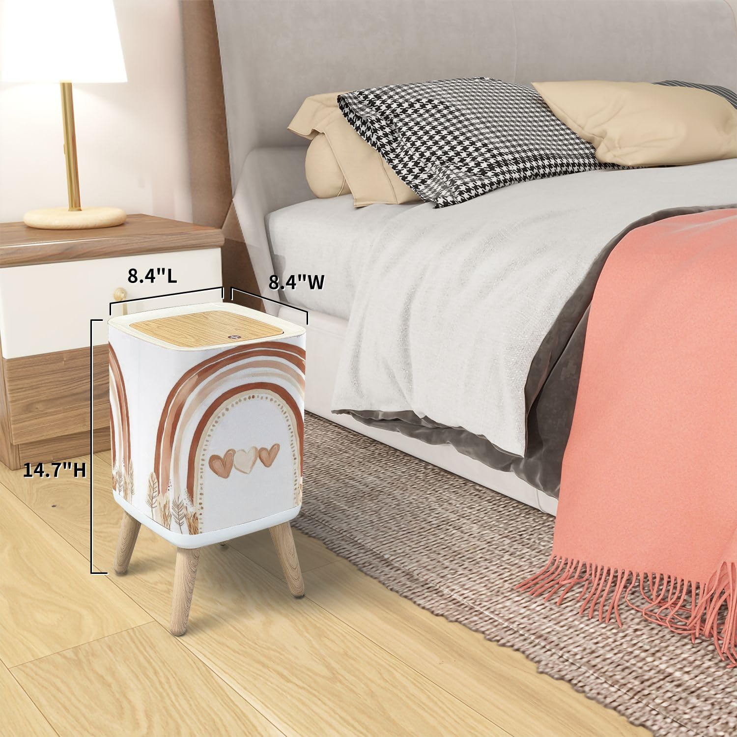Trash Can with Lid Scandinavian Boho Rainbow Print for Playroom with Neutral Garbage Can Rectangular Waste Bin Press Cover Dog Proof Wastebasket for Kitchen Bathroom Living Room Nursery