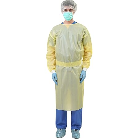 Medtecs Disposable Isolation Gowns - AAMI Level 4 PPSB+PE 36 gsm - 10/100 PC - Seal Tape & Elast Cuffs, Fluid Resistant Durable Comfortable PPE - CoverU Series, Unisex Adult | Yellow, 10 PC