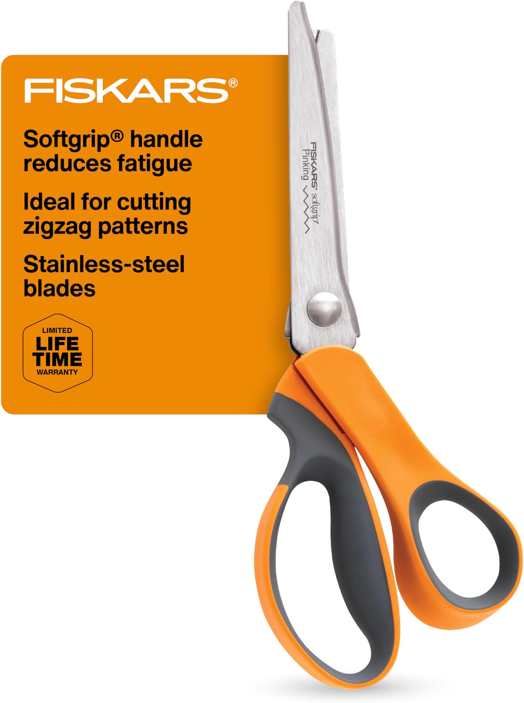 Fiskars SoftGrip Pinking Shears, 8 Inch Fabric Scissors for Sewing and Quilting, Zigzag Edge to Reduce Fraying, Ergonomic Bent Handle, Orange/Gray