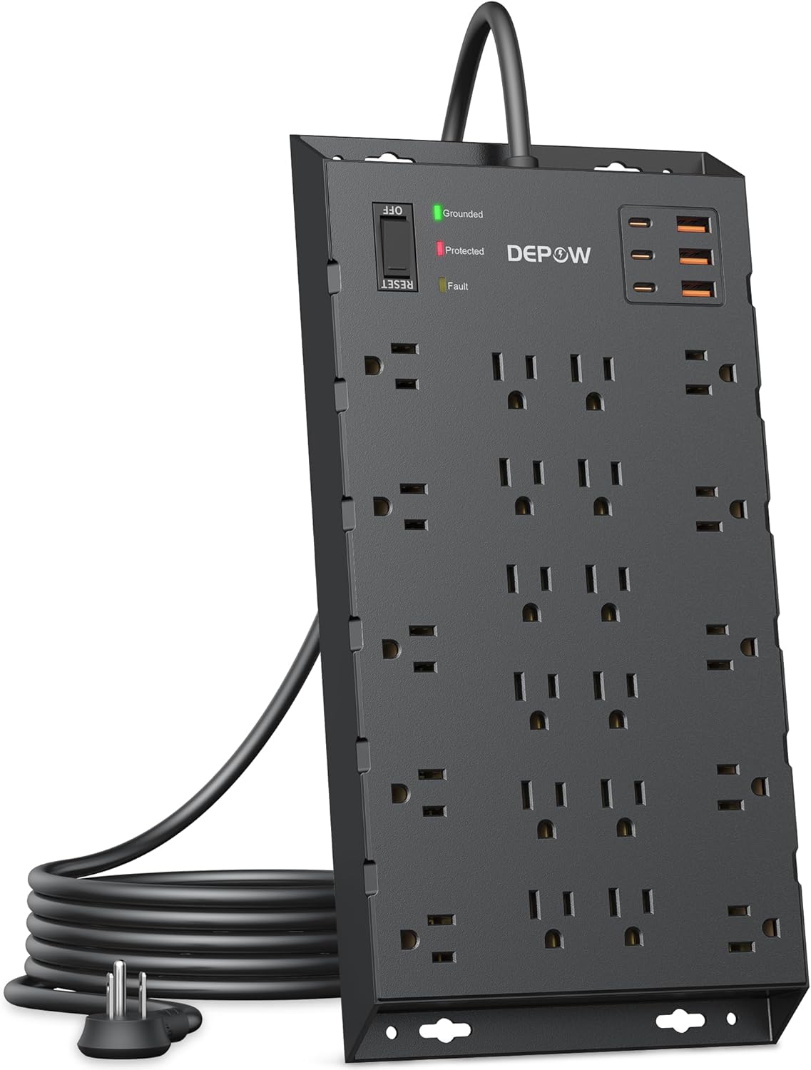 Surge Protector Power Strip, 6.5FT Long Flat Plug Extension Cord with 22 AC Outlets (1875W/15A), 6USBs (3 USB-C Ports), 2100J Surge Protection, Wall Mountable for Gaming, Office, Home, Black 6.5 FT Black image 9 of 9 B0D3TJ5NHS