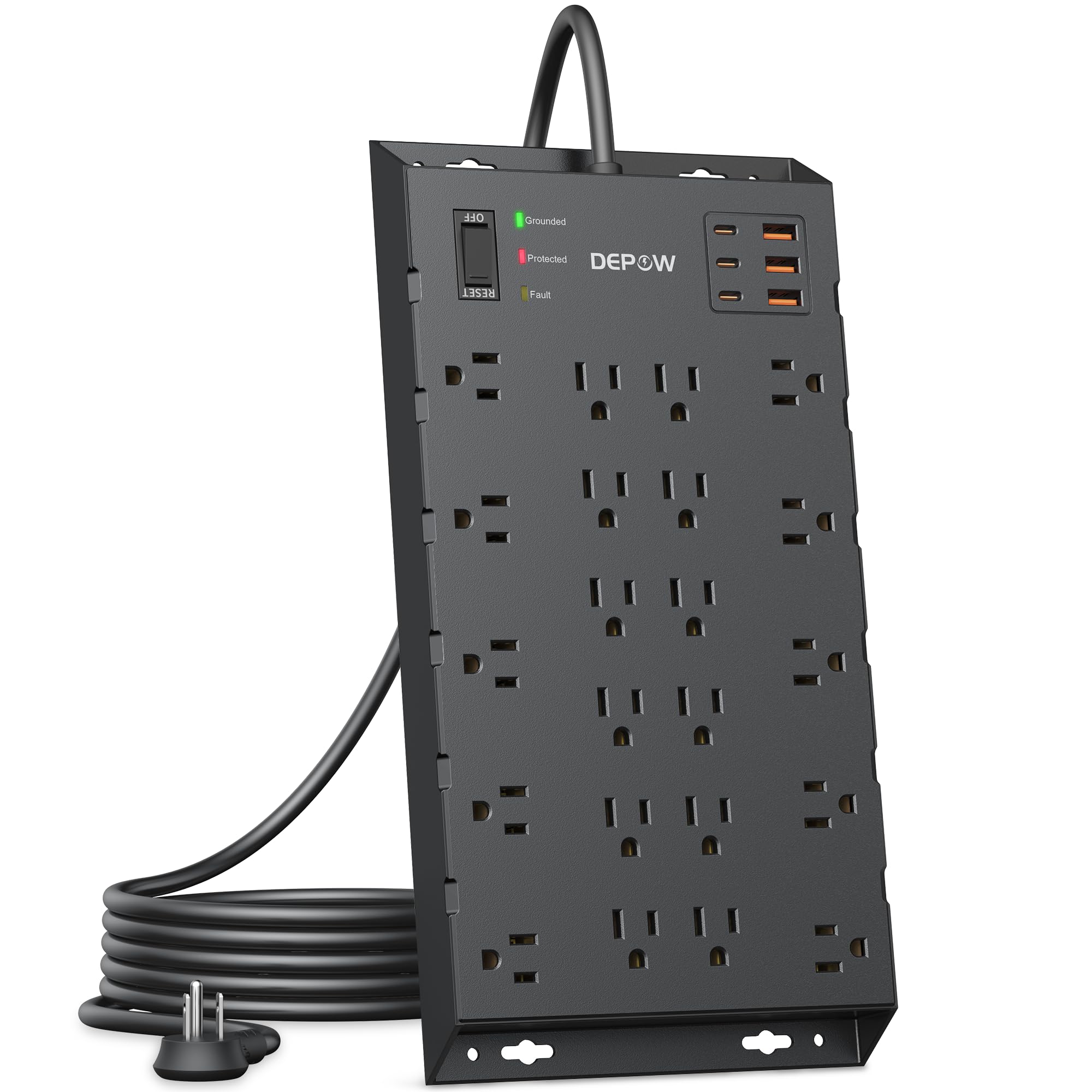 DEPOW Regleta protectora contra sobretensiones, cable de extensión de enchufe plano de 6.5 pies de largo con 22 salidas de CA (1875 W/15 A), 6 USB (3 puertos USB-C), protección contra sobretensiones