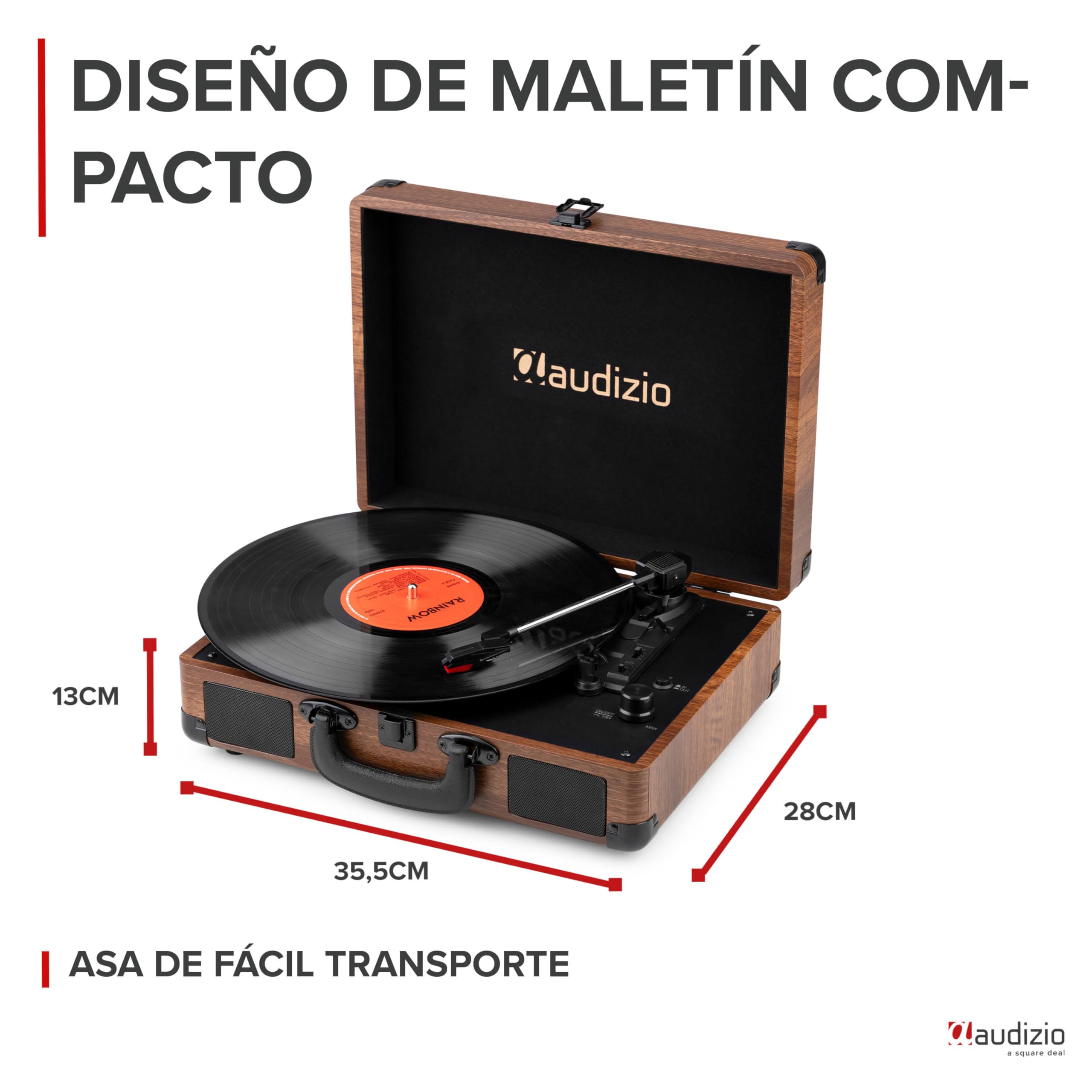 Audizio RP116W Tocadiscos de Vinilo Estilo Maletín con Bluetooth In/out, Altavoces Integrados, Codificación MP3 por USB y 3 Velocidades – Diseño Retro Compacto en Color Madera con Sonido Estéreo