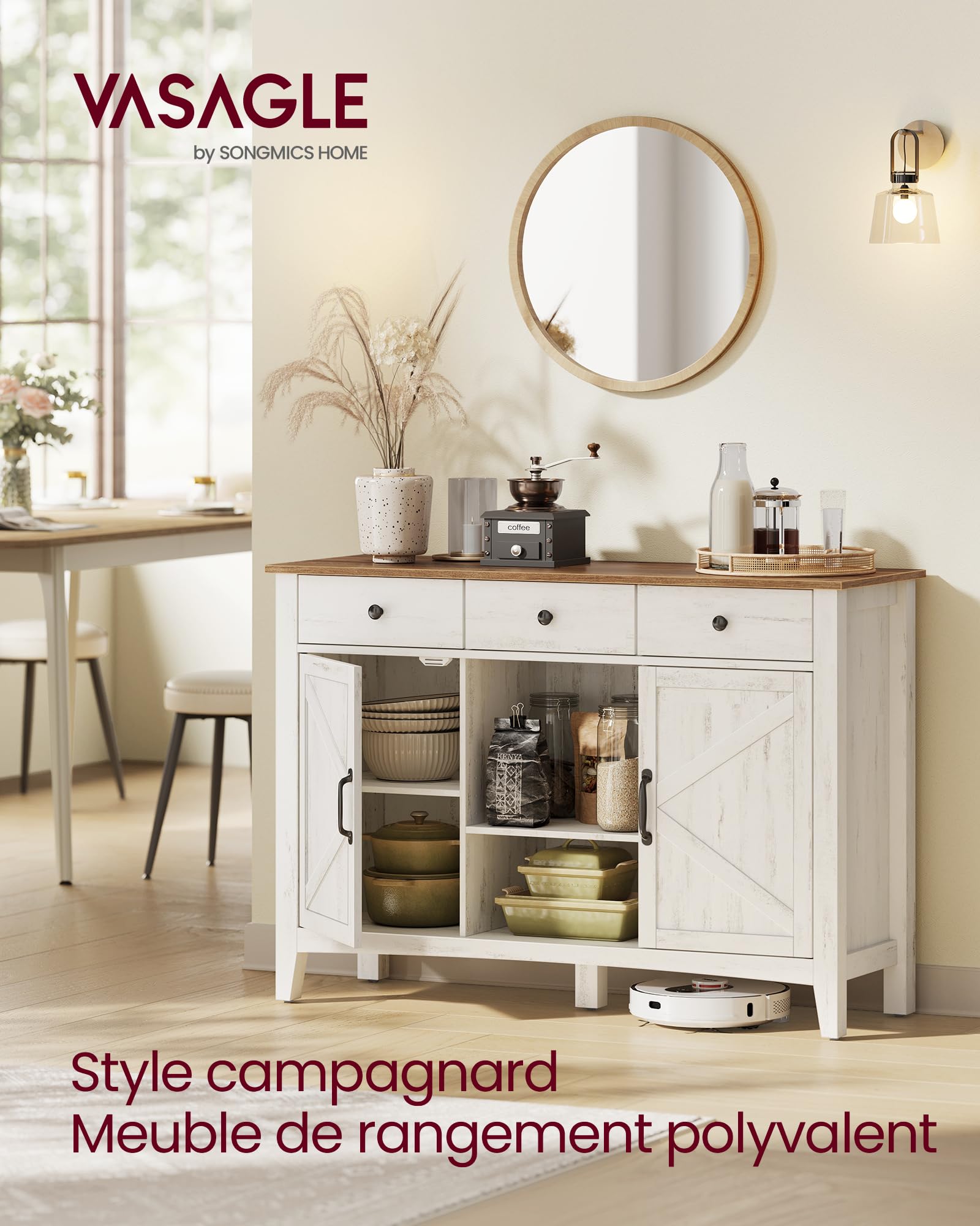 VASAGLE Buffet, Meuble de Rangement avec Tiroir, Meuble de Cuisine, avec Portes, Étagère Réglable, Style Campagne, pour Salon, 40 x 114,5 x 80 cm, Blanc Rustique et Marron Miel BBK371W02V1