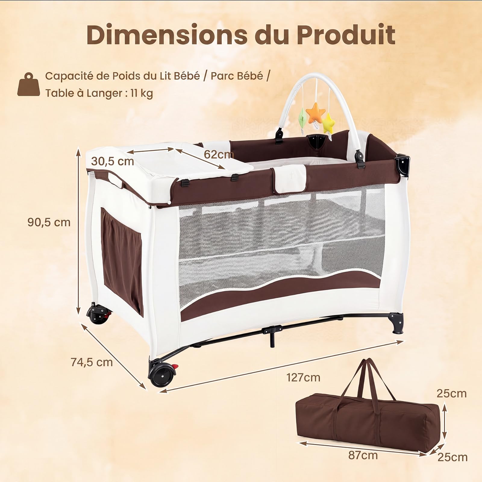 COSTWAY 4 en 1 Lit Parapluie Bébé Pliable avec Matelas (Marron)