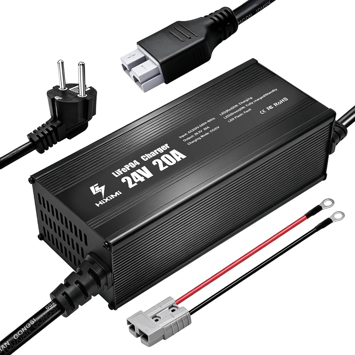24V 20A Ładowarka LiFePO4, 29,2V ładowarka litowo-żelazowo-fosforanowa, obudowa aluminiowa z 50A złączem Anderson, ładowarka podtrzymująca z kompleksowymi funkcjami bezpieczeństwa