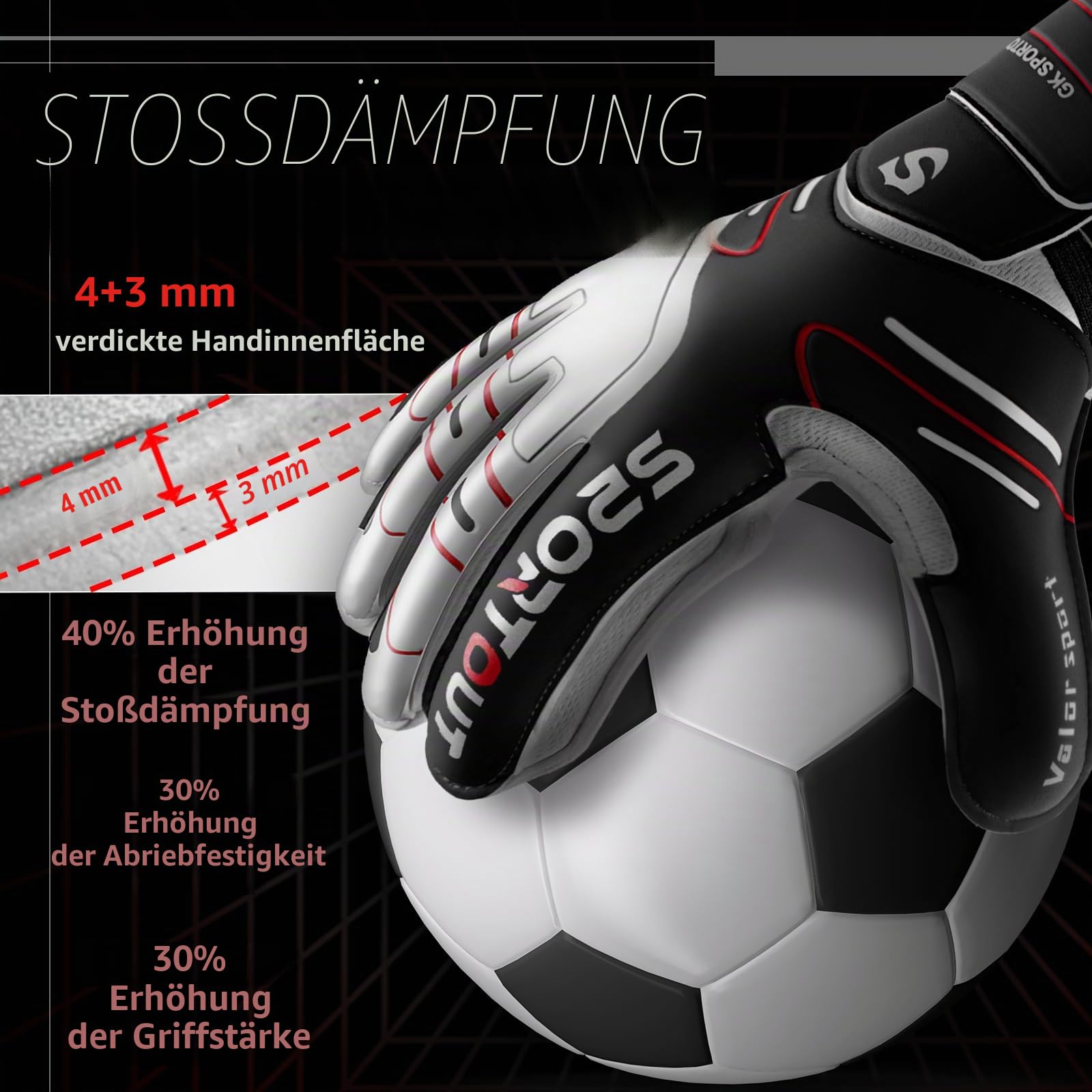 Sportout Torwarthandschuhe Kinder und Herren mit Fingersave Fußballhandschuhe mit Fingerschutz Torwart Handschuhe mit rutschfeste 4mm Latex