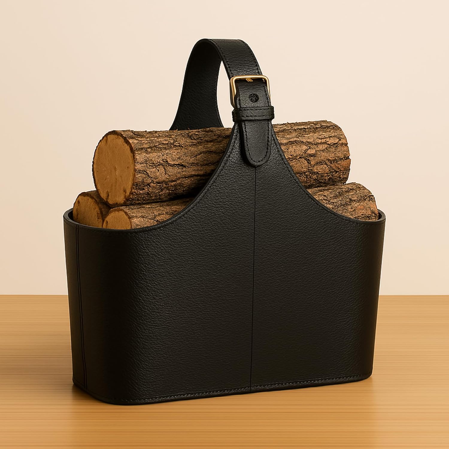 Handcrafted Genuine Leather Firewood Log Carrier, Heavy-Duty Fireplace Wood Tote with Adjustable Strap, Rustic Indoor Outdoor Wood Holder