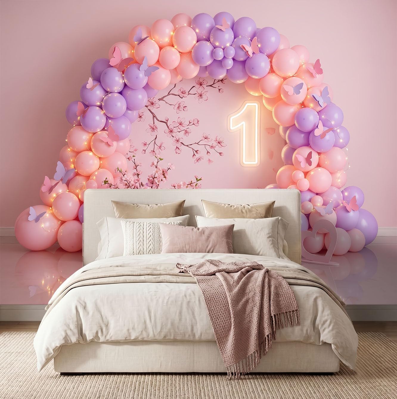 Vlies Fototapete Romantisch 250 x 175 cm - Fototapeten Tapeten für Wohnzimmer Schlafzimmer Kinderzimmer - Vliestapete Wandtapete Wanddeko 3D Effekt - Rosa Ballonbogen Lichterkette Schmetterlinge