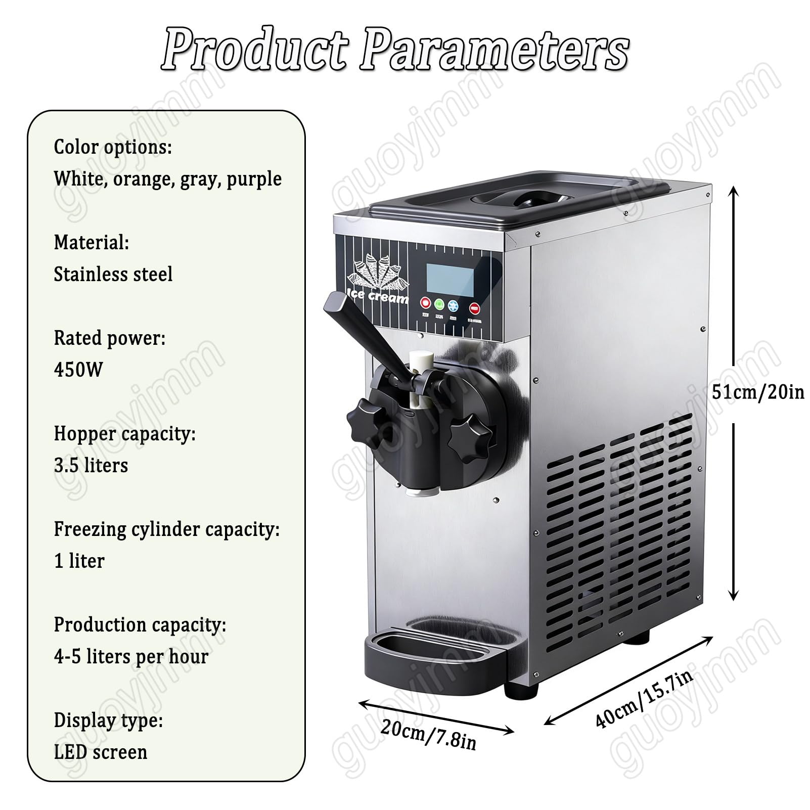 Máquina Comercial para Hacer Helado Suave de Un Solo Sabor, 450 W, Diseño de Acero Inoxidable para Encimera, Rendimiento de 4-5 Kg/h, Control por Panel LCD, para Restaurantes y Pastelerías Orange