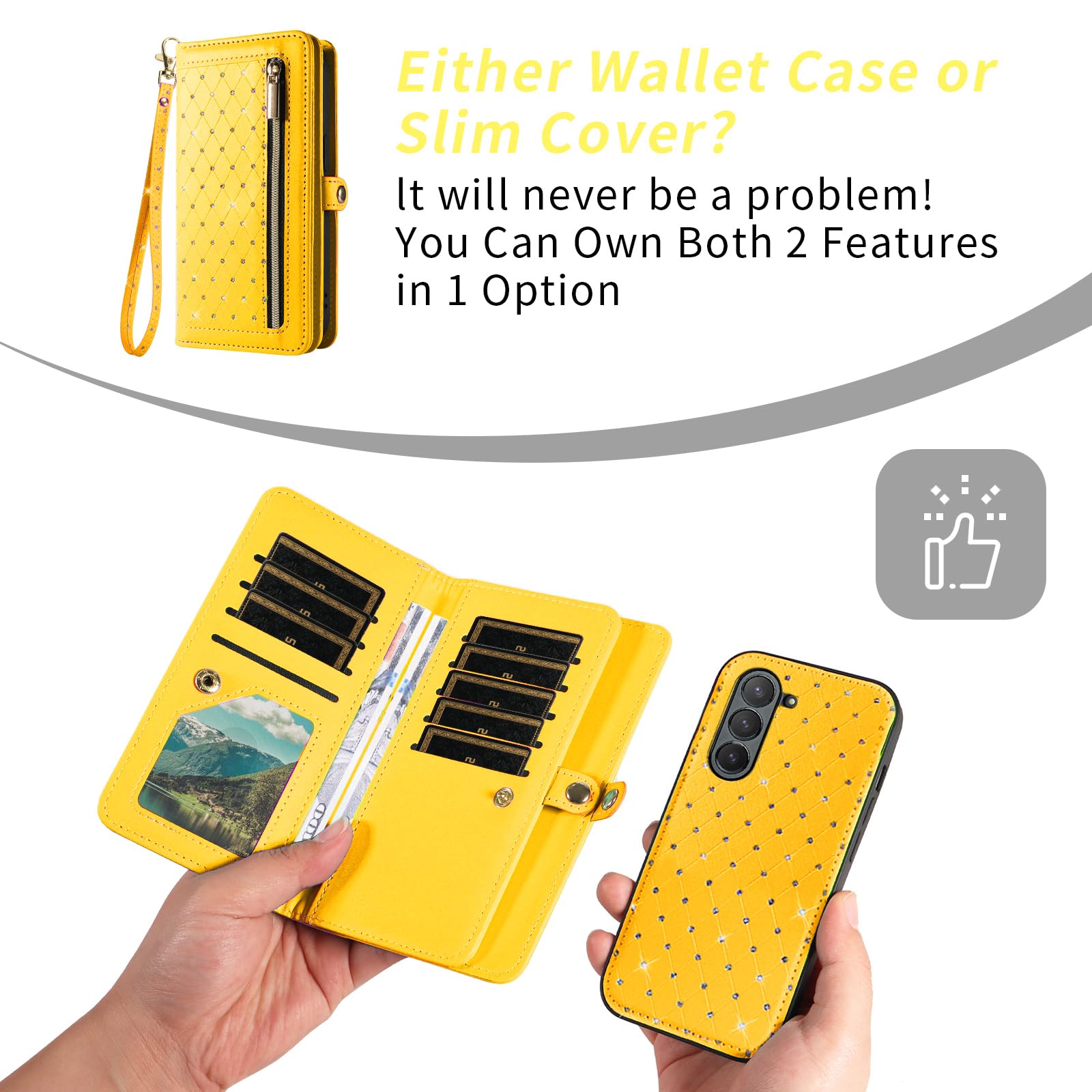 Custodia per Samsung Galaxy Z Fold 5 5G 2023 Portafoglio con cerniera Custodia magnetica staccabile a tracolla Cordino Bling Glitter Flip Porta carte di credito Slot ZFold5 Z5 G Fold5 5Z Donna Giallo