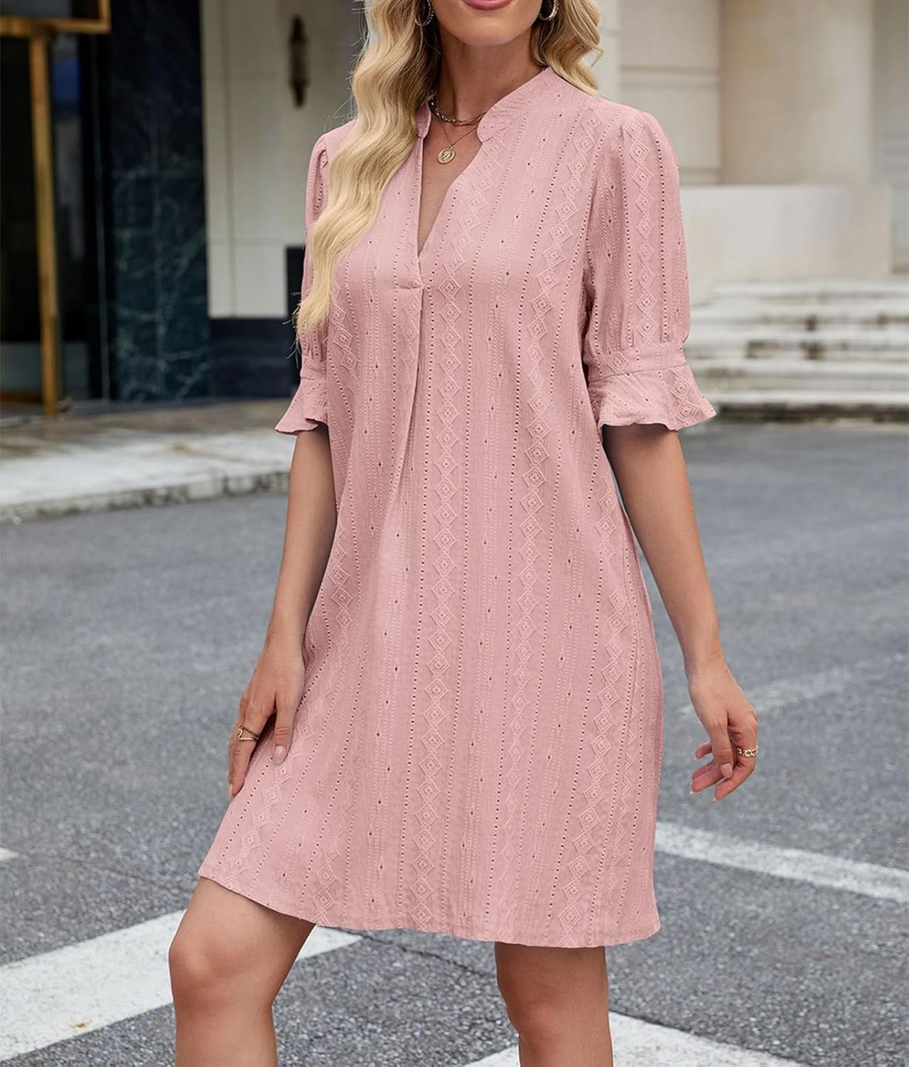 Shirts Dress for Women V Neck Short Sleeves Casual Flowy Summer Beach Vacation Shifts - Image 3