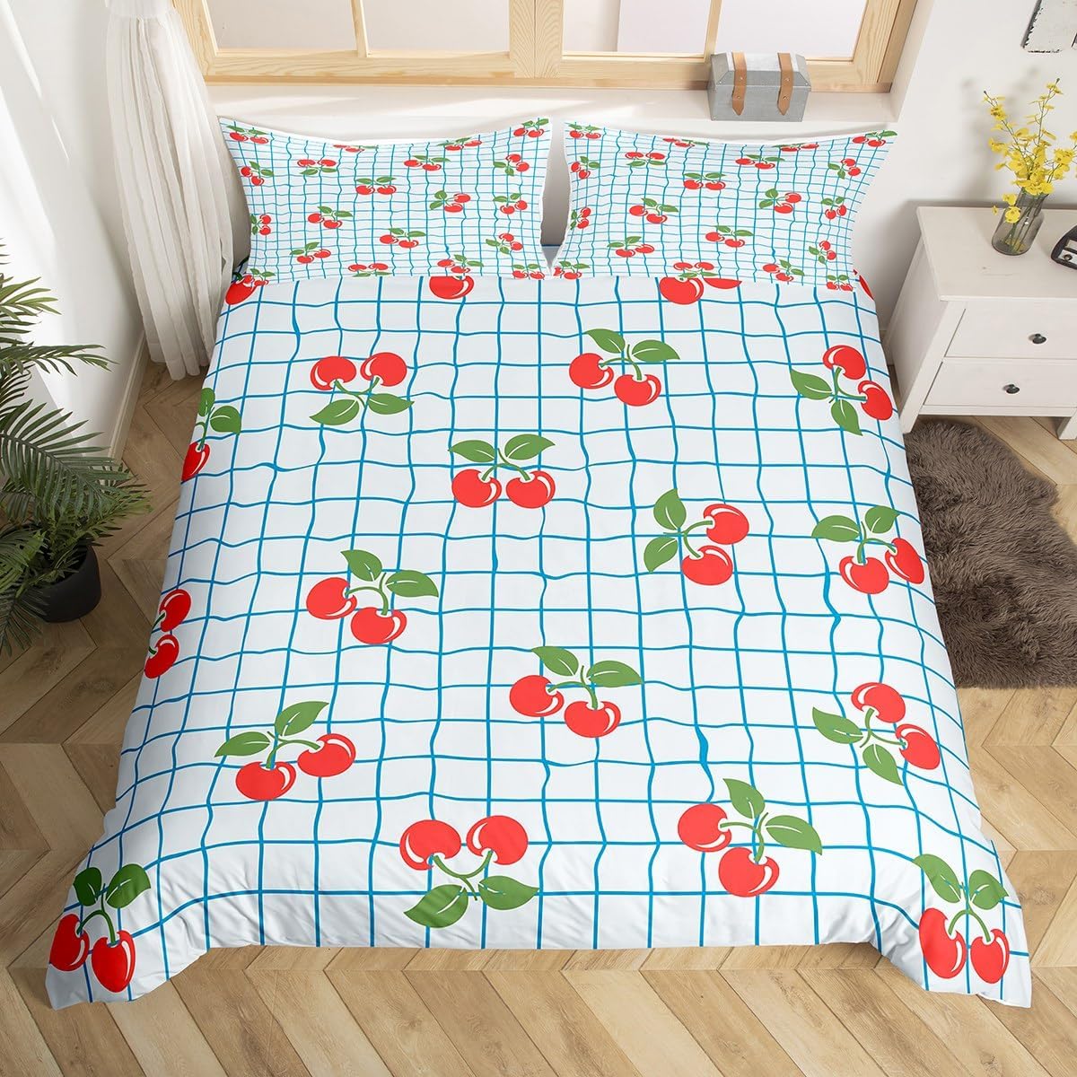 jejeloiu Cute Cherry Comforter Cover Set Cherry Fruit Duvet Cover Set for Kids Boys Girls Blue Grid Plaid Print Bedding Set Kawaii Watercolor Quilt Cover Room 2Pcs Toddler Size,Zipper,No Comforter