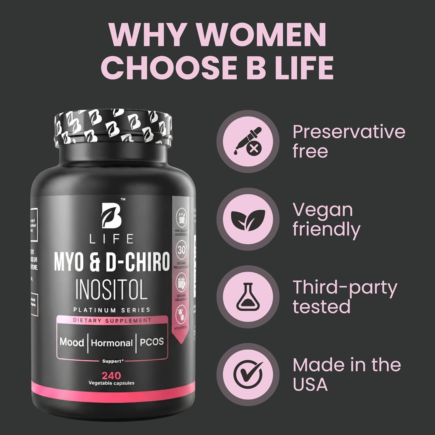 Myo-Inositol & D-Chiro Inositol 40:1 for Women | I Inositol Supplement for Women | Hormone Balance, Fertility & Cycle | Vitamin B8, Insulin & Flo Ovarian Support | 240 Caps - Image 5