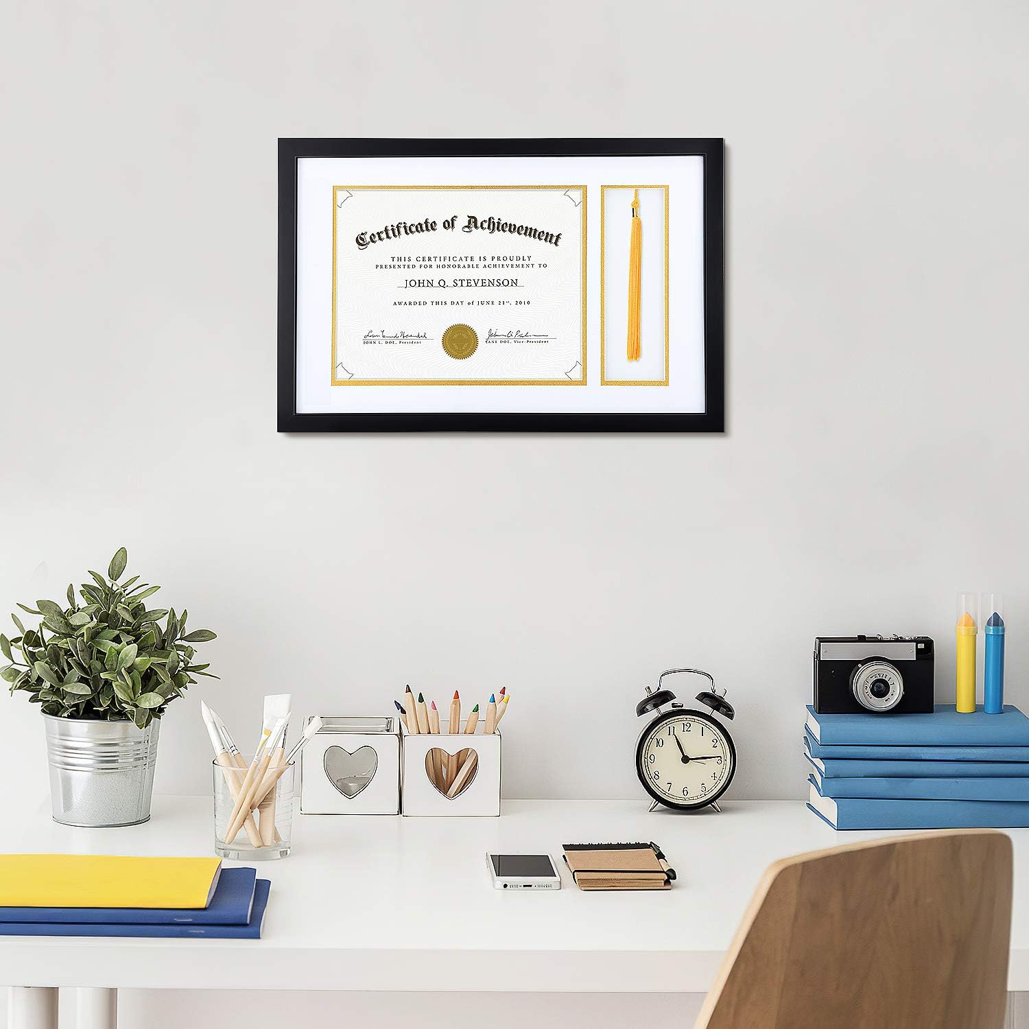 ONE WALL Diploma Tassel Shadow Box 11.2x17.8 Inch Frame for 8.5x11 Certificate/Diploma/Graduation Document with Double Mat(White Over Gold) & Tassel Hanger