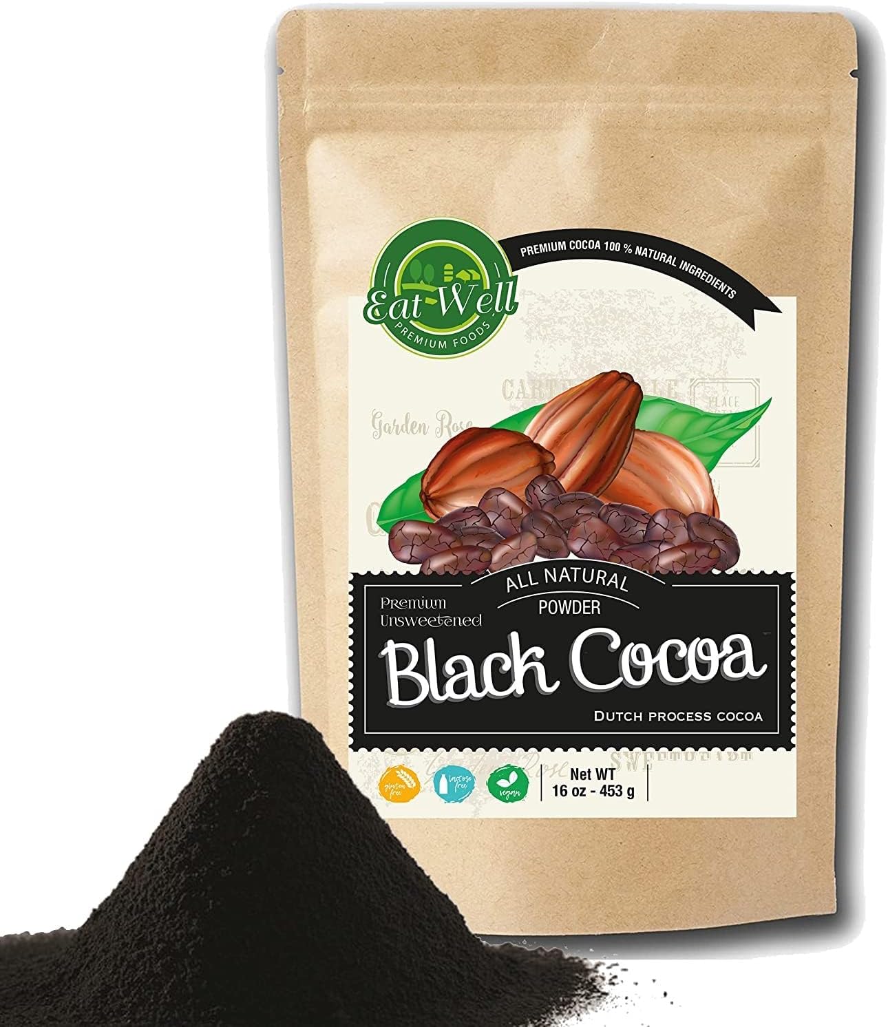 EAT WELL PREMIUM FOODS Black Cocoa Powder | 16 oz Reseable Bag | Dark Cocoa Powder | Dutch-Process Cocoa Powder | Unsweetened Cocoa | Antioxidants and Resveratrol | Gluten Free |% 100 Natural |