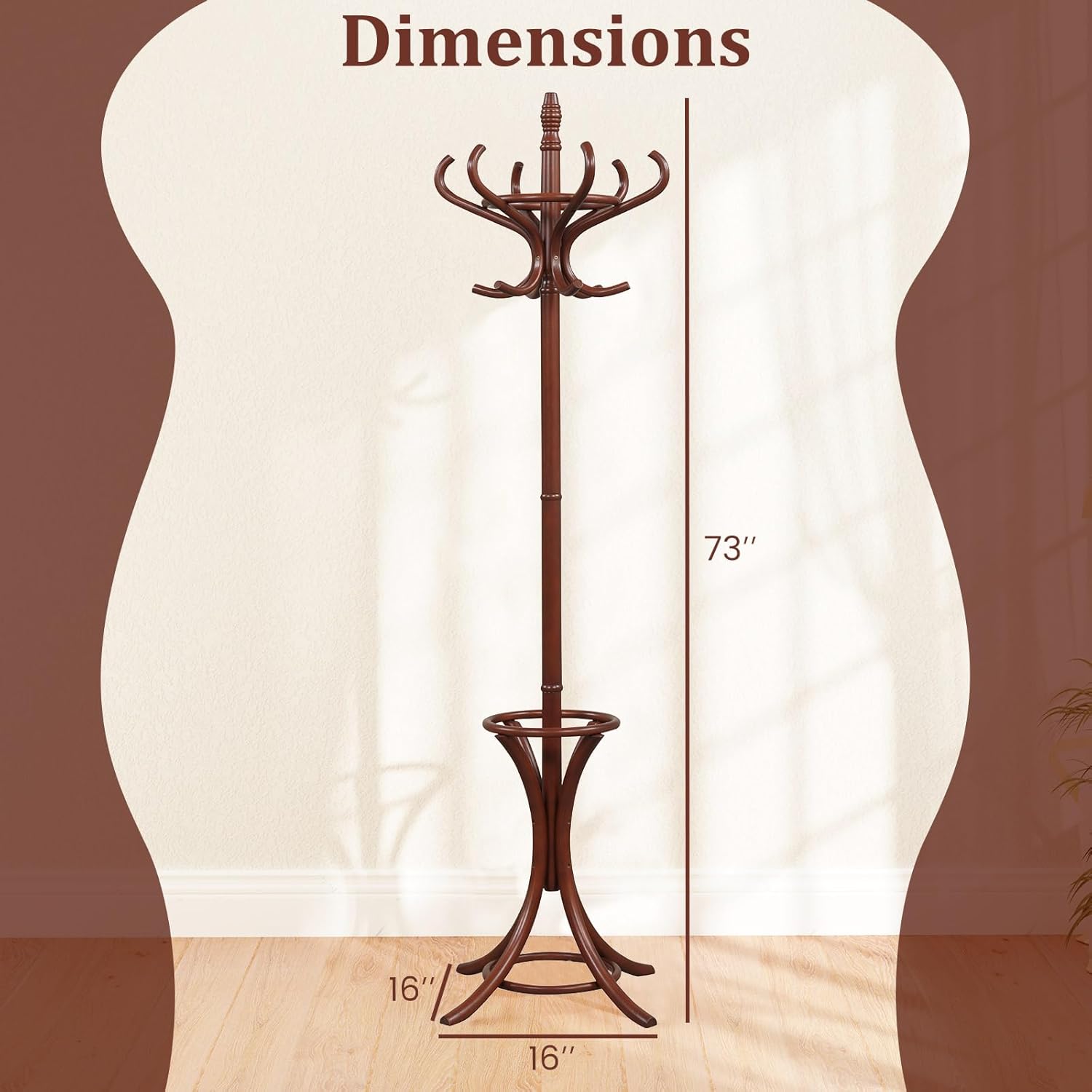 Diagram showing the dimensions of the DORTALA coat rack: 16 inches wide at the base and 73 inches tall.