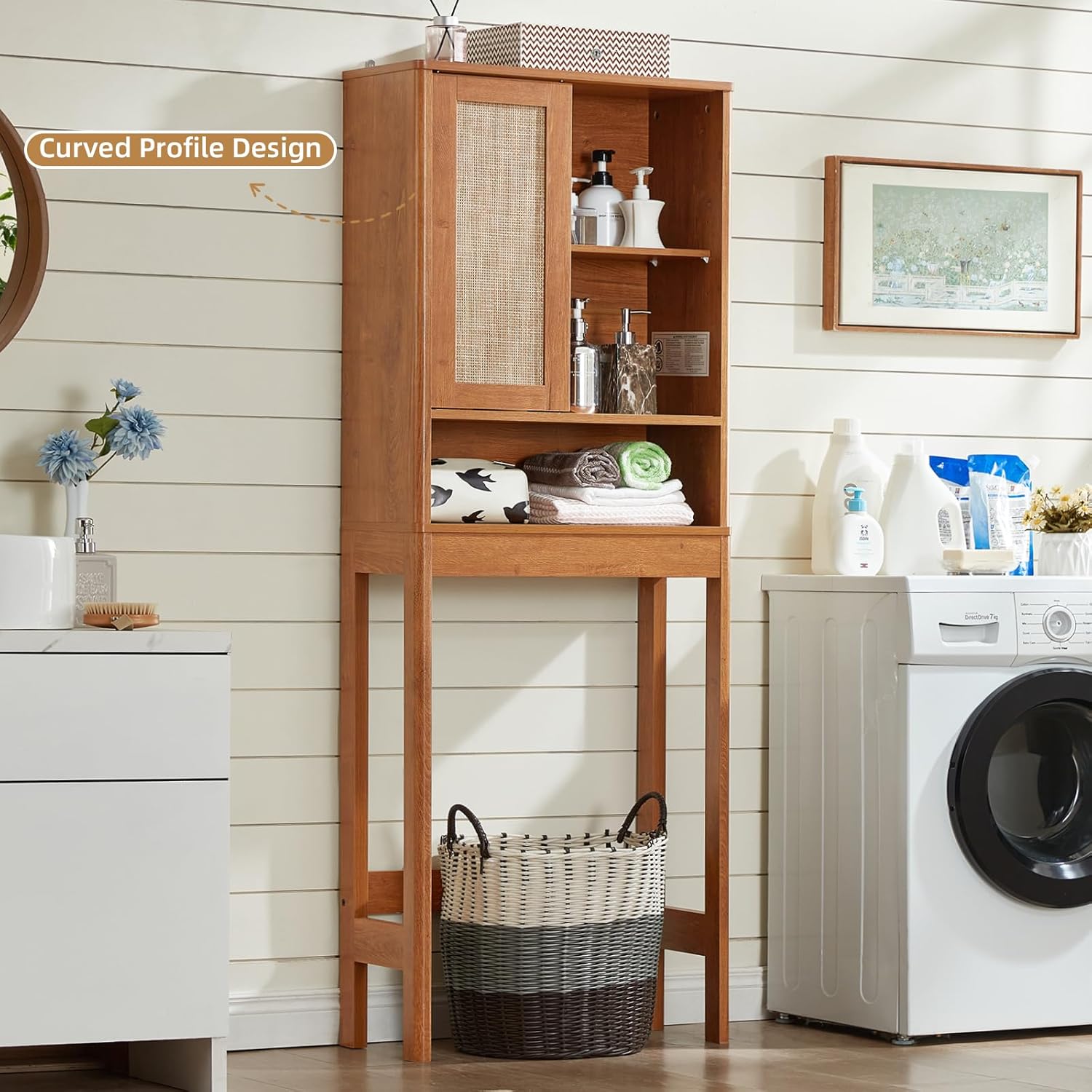 LEYAOYAO Over The Toilet Storage Cabinet with Rattan Sliding Door, 68" Tall Wood Above Toilet Bathroom Organizer w/Adjustable Shelf & Curved Profile, Space Saver Freestanding Washer Shelf