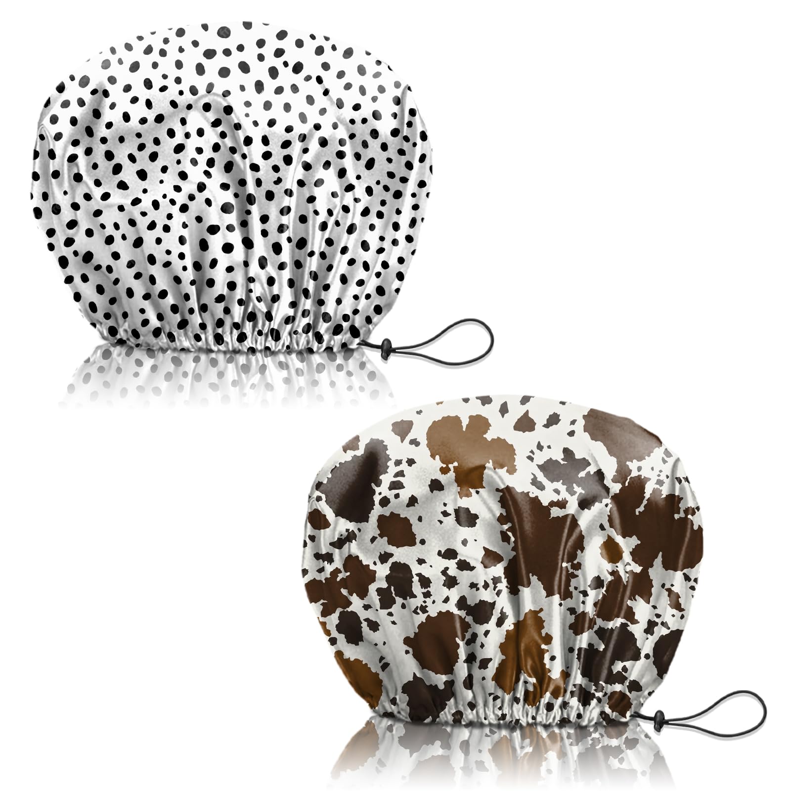 Deokke Duschhaube, 2 Stück wasserdichte Doppelschicht wiederverwendbar shower cap, verstellbar, elastisch, ästhetisch, niedlich Duschhaube für Damen (Q1-Gepunktetes Rindsleder)