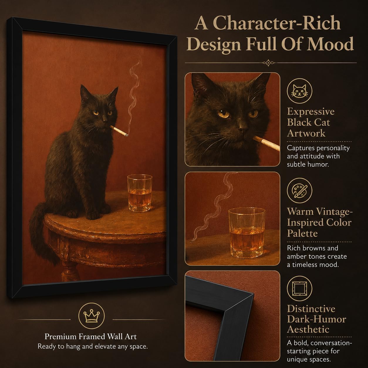 Framed Funny Black Cat Wall Art, Vintage Moody Cat Decor Black Wood Frame image 4