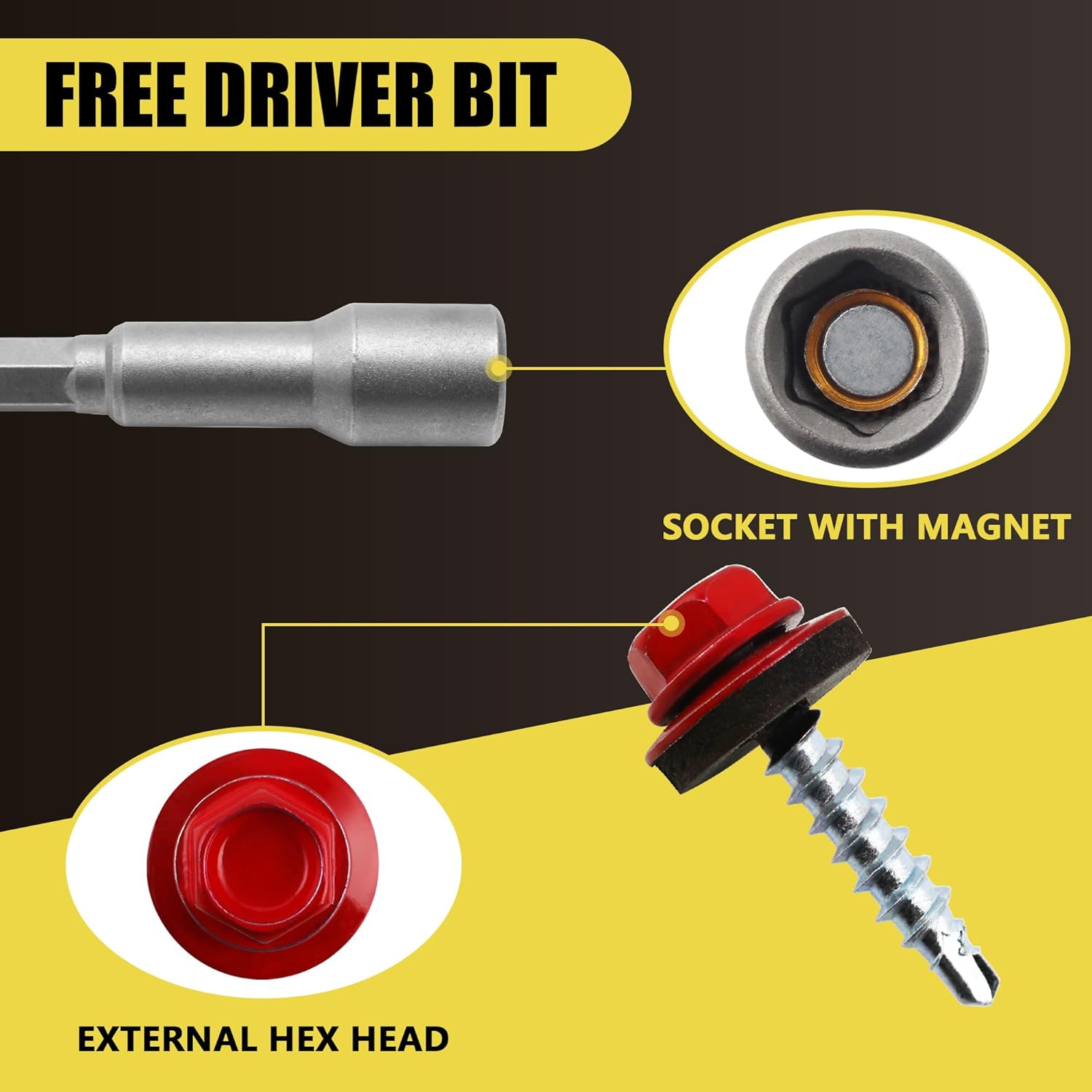 JEGONFRI 300pcs #10 x 1 Red Hex Head Self-Drilling Metal Roofing Screws, EPDM Washer, Colored Head, Wood Screws, Sheet Metal Roof Screw with Hex Driver Bit (Red, 1 in)