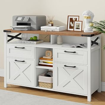 Vabches Farmhouse Filing Cabinet with Adjustable Shelf for Home Office, Lateral File Cabinets 4 Drawers with Open Storage Shelf, Filing Organization Storage Cabinets for Hanging Files Letter/A4.