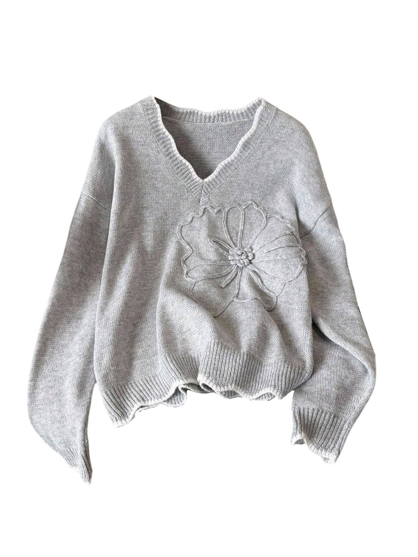 SOLY HUX Womens Floral Sweater V Neck Long Sleeve Scallop Casual Trendy Pullover Tops