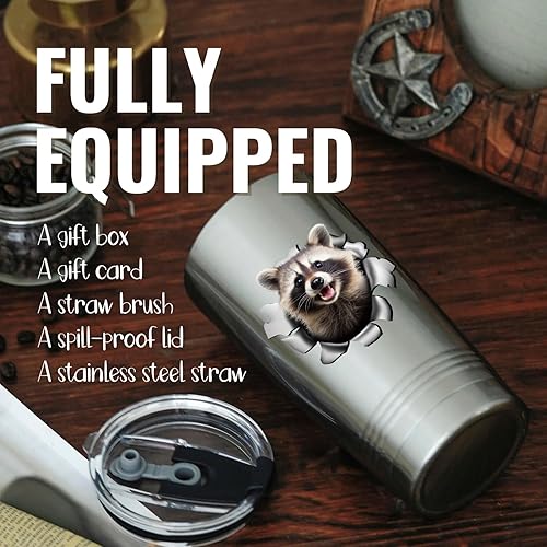 Miniatura 2 de Onebttl Regalos de mapache para hombres y mujeres, vaso de viaje aislado de acero inoxidable de 20 onzas con popote, cepillo, tapa y caja de regalo,